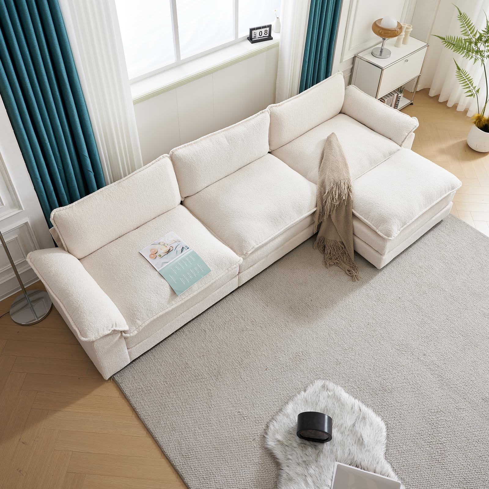 Karl home Sectional Sofa Modular Deep Seat Sofa Couch with Ottoman, Teddy Fleece Sofa Sleeper Comfy Upholstered Furniture for Living Room, Apartment, Studio, Office, (3-Seat & 1-Ottoman, Teddy Beige) - Image 5