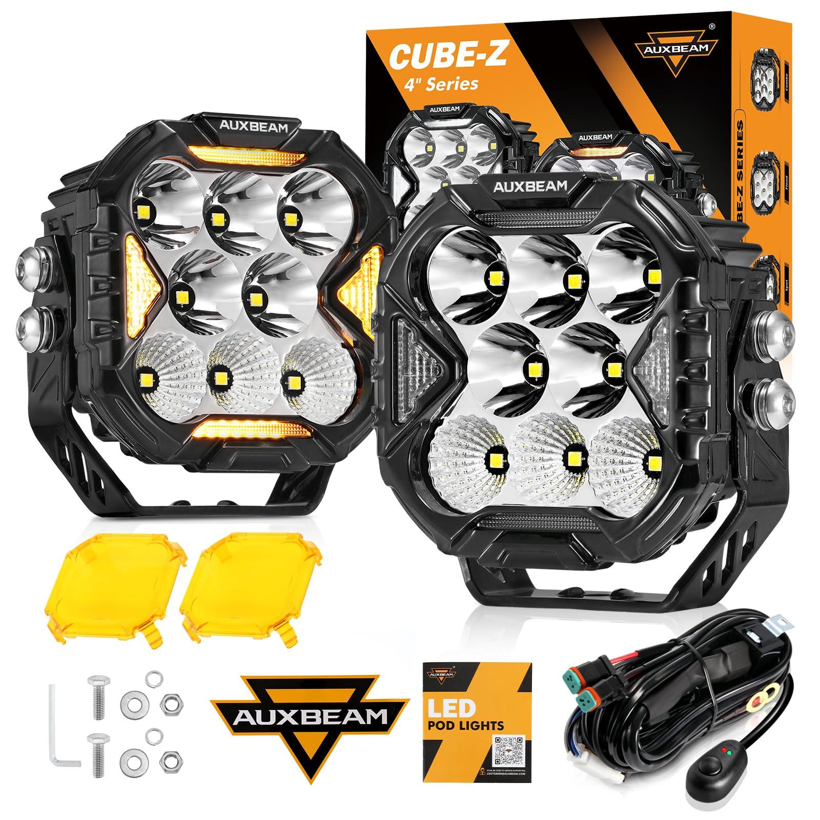 Auxbeam 4 Inch LED Driving Light, CUBE-Z Series 112W Cube Spot Flood Combo Beam with Amber Covers, 150° Ultra-Wide Offroad Pod Light 12800LM Hyper Bright with White DRL&Amber Turn Signal Light, Pair