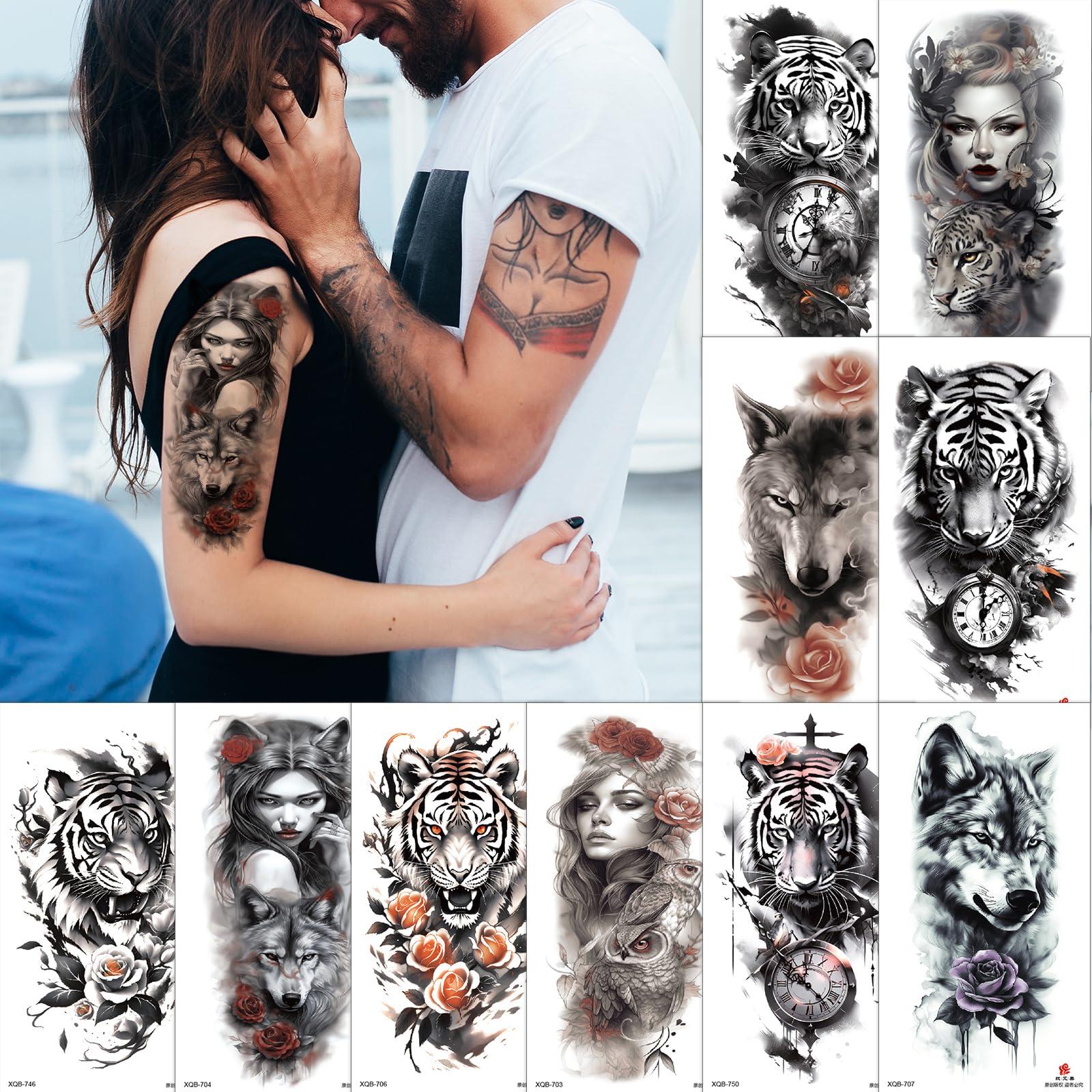 Aivoch Aivoch 10 Sheets Realistic Animals Temporary Tattoo for Men Women Adults, Wolf Tiger Rose Tattoos Stickers, Flowers Fake Tattoo Stickers, Body Art Half Arm Sleeve Tattoos (Animals) - Image 1