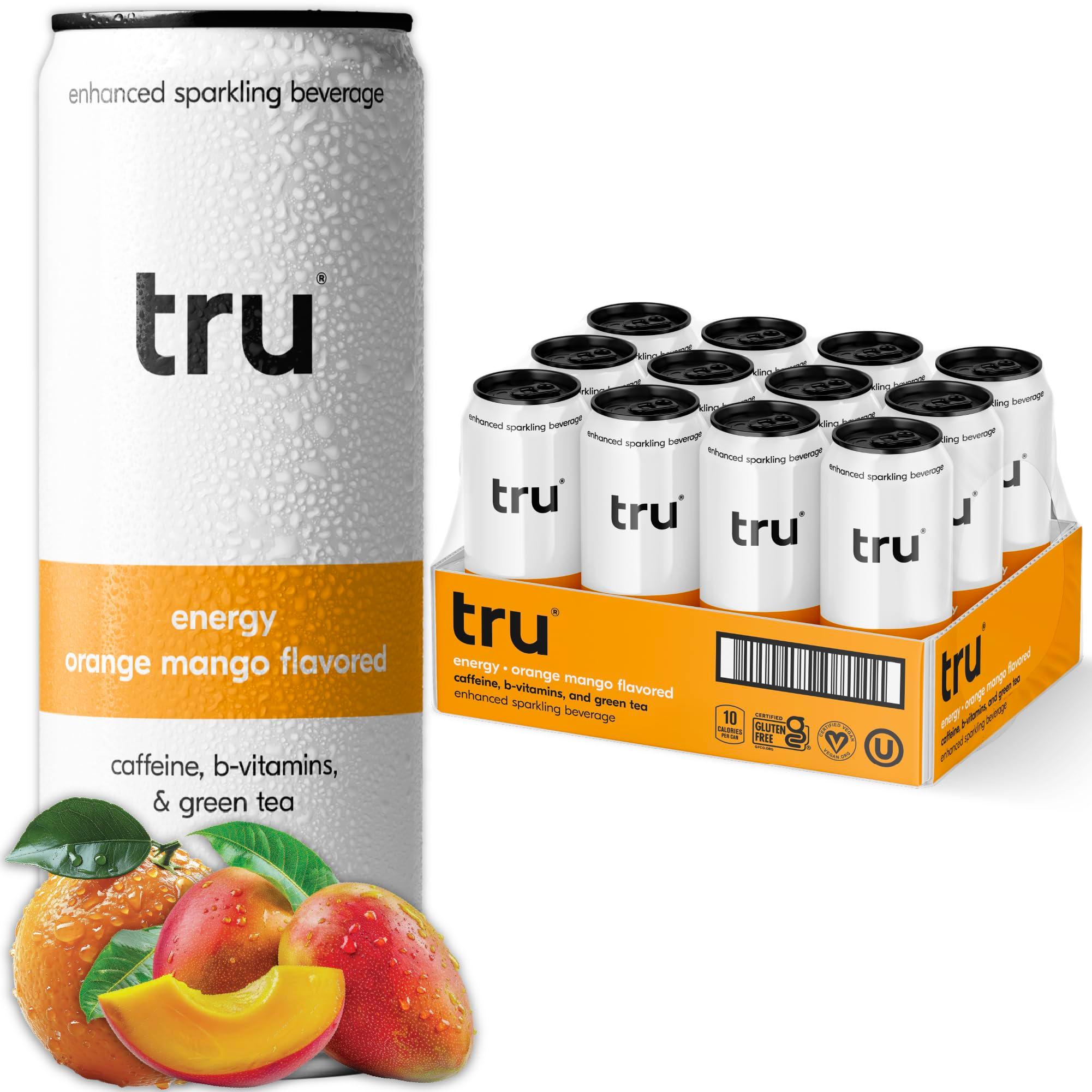 Tru Energy Seltzer, Sparkling Water with Natural Caffeine, Orange Mango Juice, Green Tea Extract & B Vitamins, Lightly Carbonated Energy Drink, Gluten Free, Vegan, Low Calorie, 12 FL OZ Cans, 12 Pack