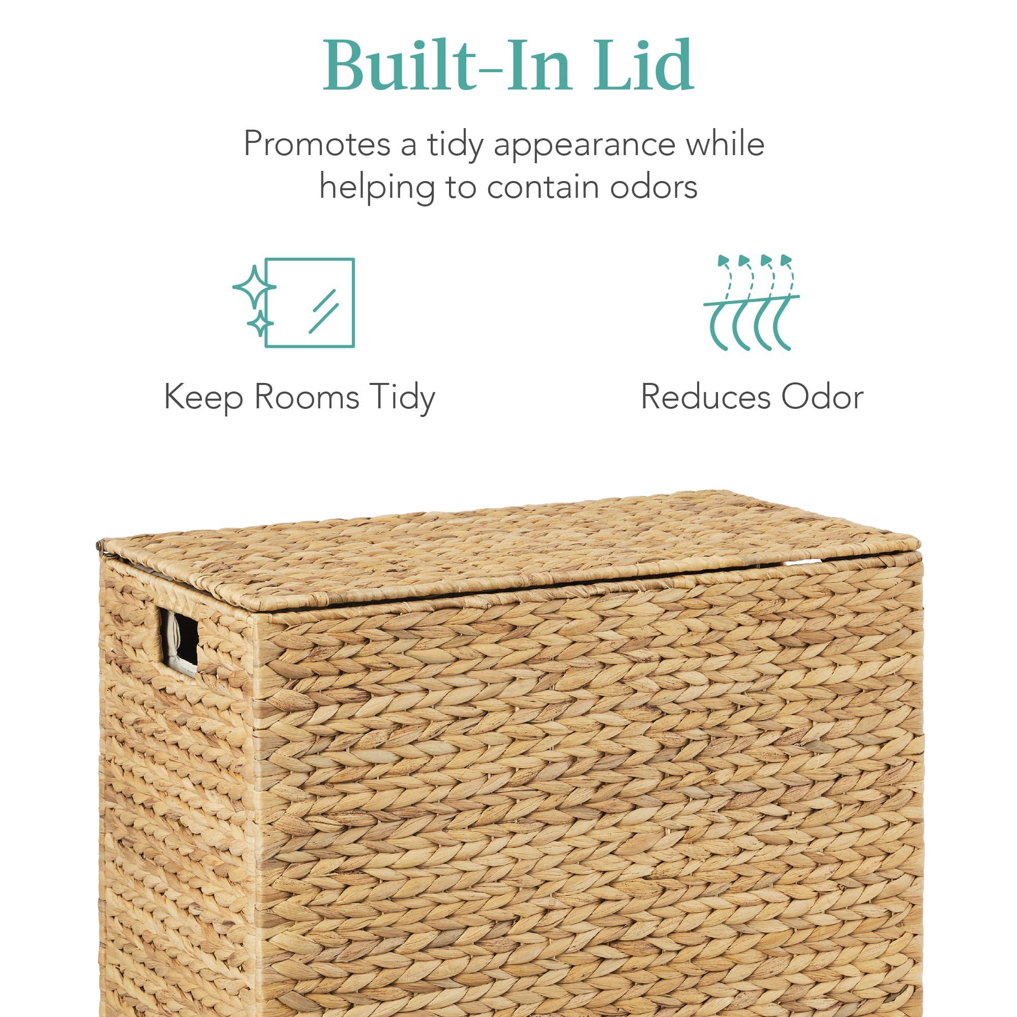 Best Choice Products Large Double Laundry Hamper with Lid, Natural Handwoven Water Hyacinth, 2 Sections w/ 2 Machine Washable Linen Liner Bags, Portable, Handles - Natural - Image 7