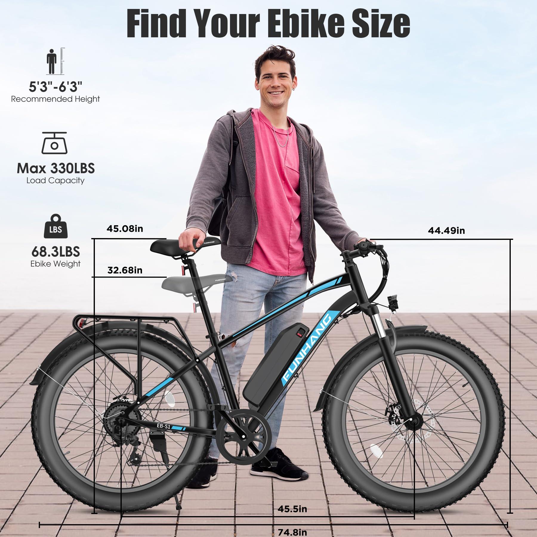 Funhang Electric Bike for Adults, Peak 1000W Ebike, 25MPH 60Miles Electric Mountain Bike, 26" Fat Tire Adult Electric Bicycle with 48V 13AH Battery, Rear Rack, 7 Speed, Front Suspension, Turn Signal - Image 7