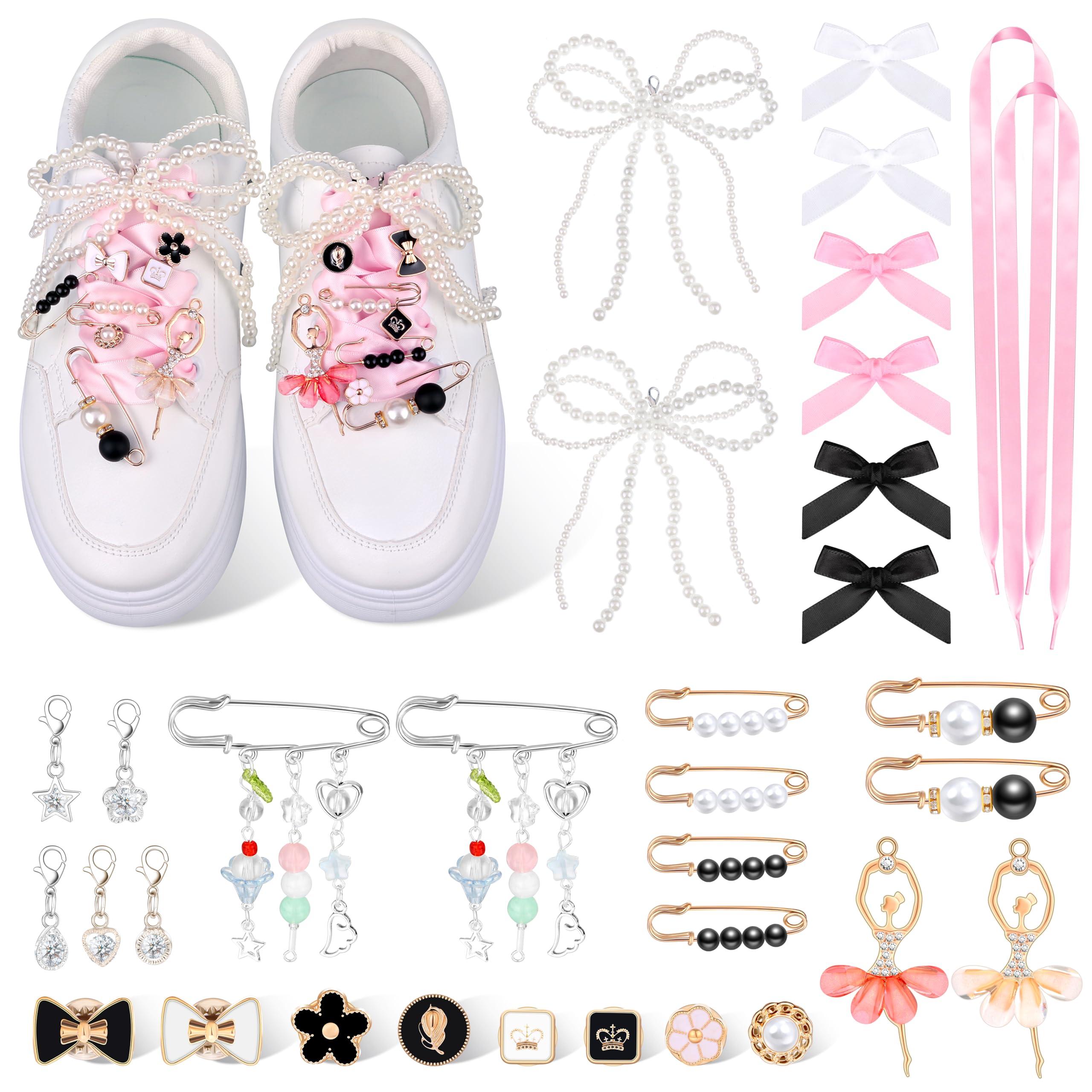 MJOGGOTT 34 Pcs Shoe Charms for Sneakers, Junk Socks Charms, DIY Shoe Lace Charm for Women with Ribbon Lace Shoelaces Contain Bows/Clips/Pins/Jewelry/Pearls Shoe Charm for Clothes, Hats Decoratin