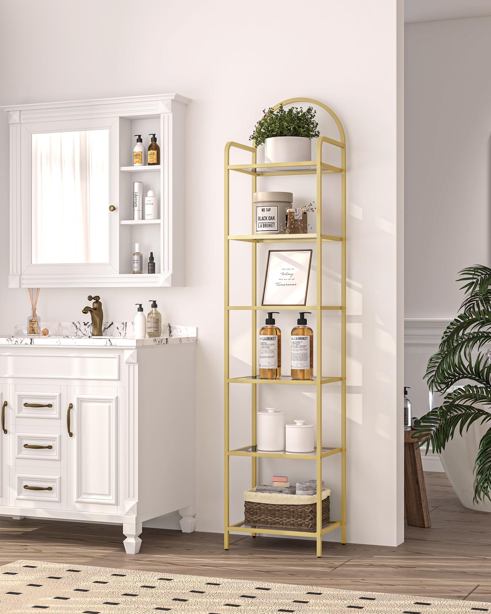 Hzuaneri Bookcase Bookshelf, Tempered Glass Bookshelves, Slim Shelving Unit for Bedroom, Bathroom, Home Office, Steel Frame, 6 Tier Gold BC10601G - Image 7