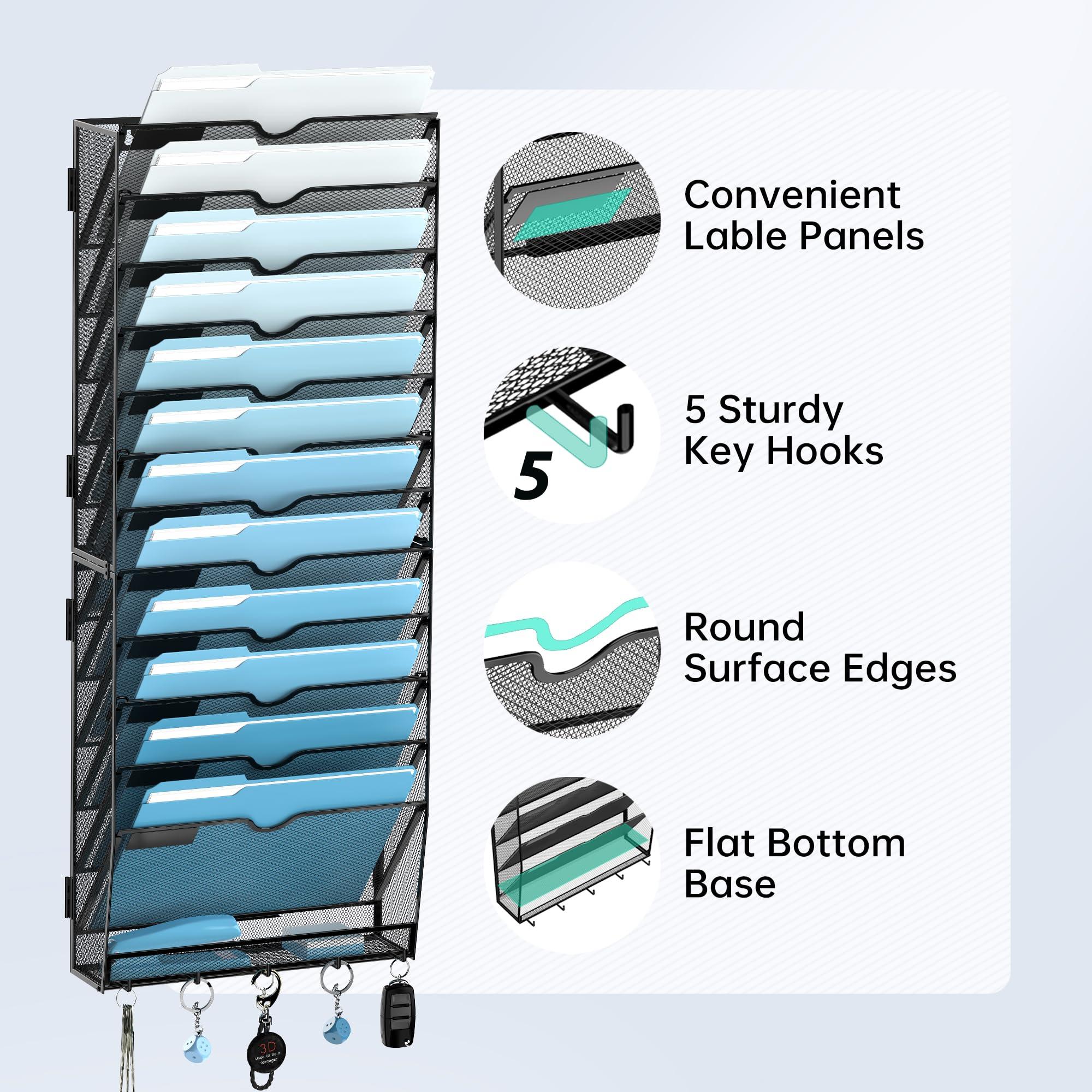 SUPEASY 13-Tier Wall File Holder Organizer with Hooks, Mesh Hanging File Organizer, Mail Organizer Wall Mounted for Papers, Folders, Office Magazine Rack, Assembly Needed, Black 2 pack - Image 6