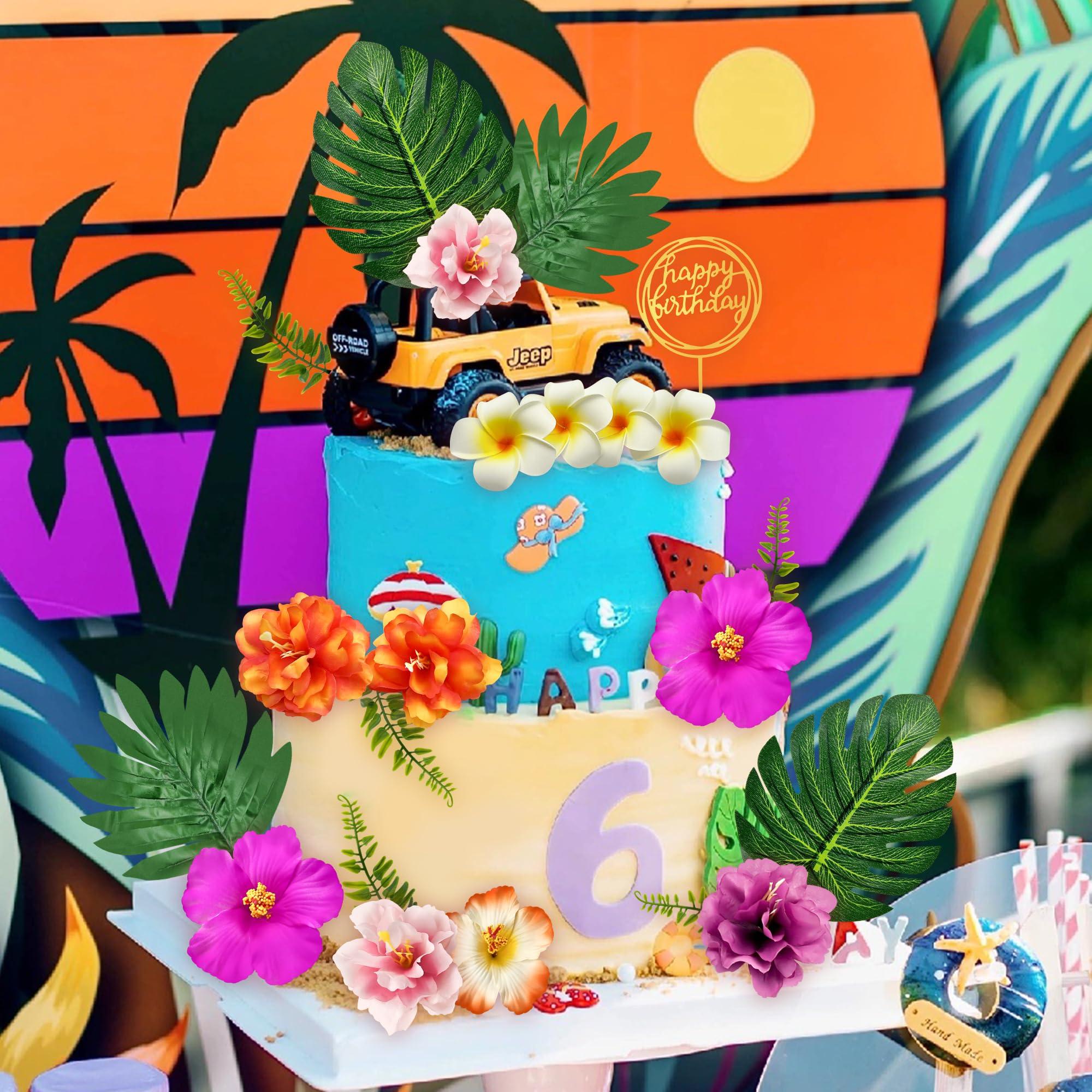 Firleayo 18pcs Hawaiian Flowers Cake Decorations Tropical Themed Cake Toppers Summer Flower Cupcake Topper with Palm Leaves Hibiscus Luau Cupcake Topper Aloha Beach Decor for Birthday Party Supplies - Image 4
