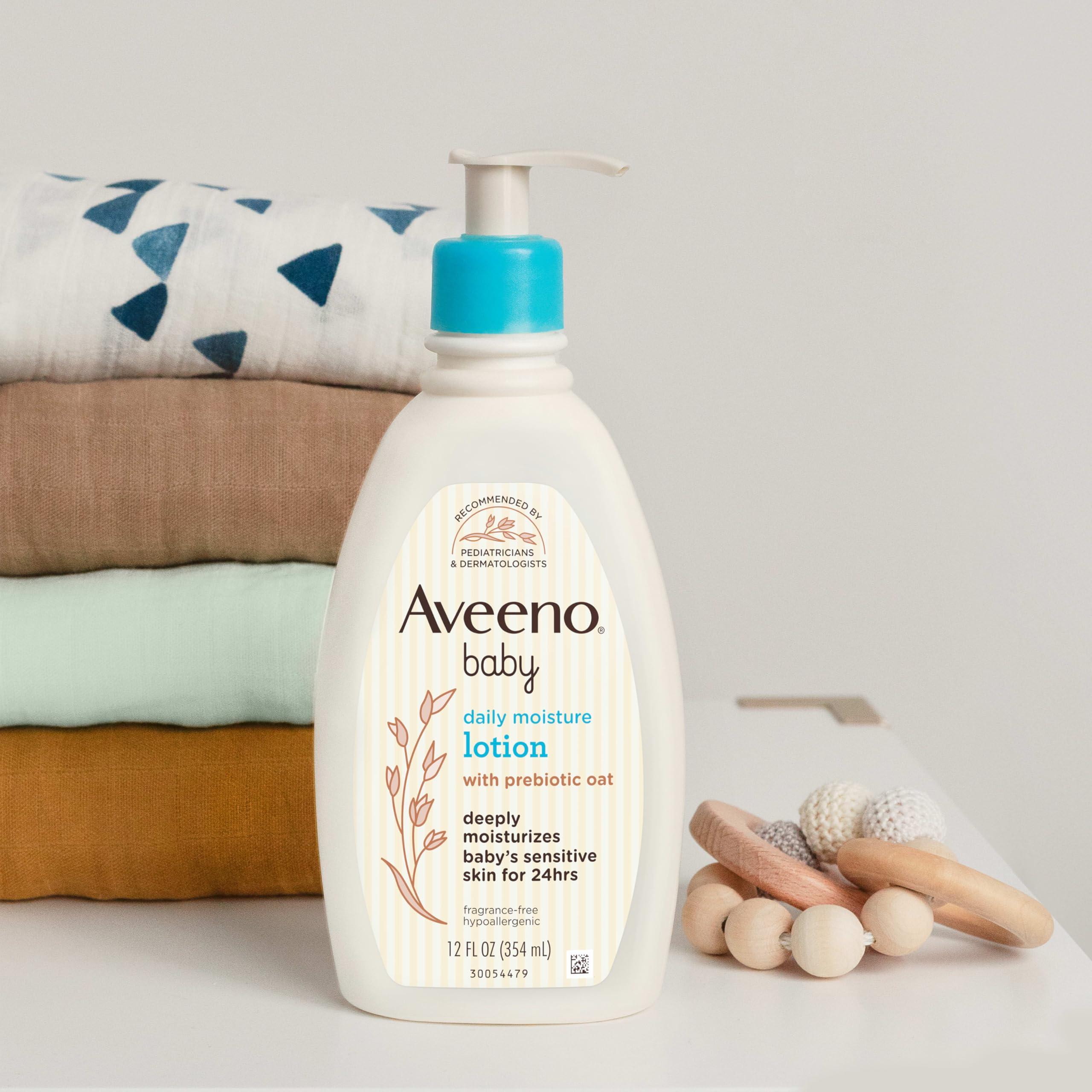 Aveeno Baby Daily Moisture Body Lotion for Sensitive Skin, Hypoallergenic Moisturizing Baby Lotion with Nourishing Oat to Deeply Moisturize Baby's Skin, Fragrance-Free, 18 fl. oz, 2 Pack - Image 5