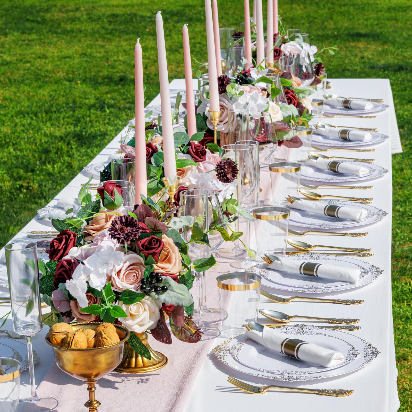 Nervure 350PCS Gold Plastic Plates - Gold Plastic Dinnerware Sets for 50 Guests - 100 Disposable Plates, 150 Silverware, 50 Cups, 50 Napkins for Wedding & Party & Graduation - Image 7