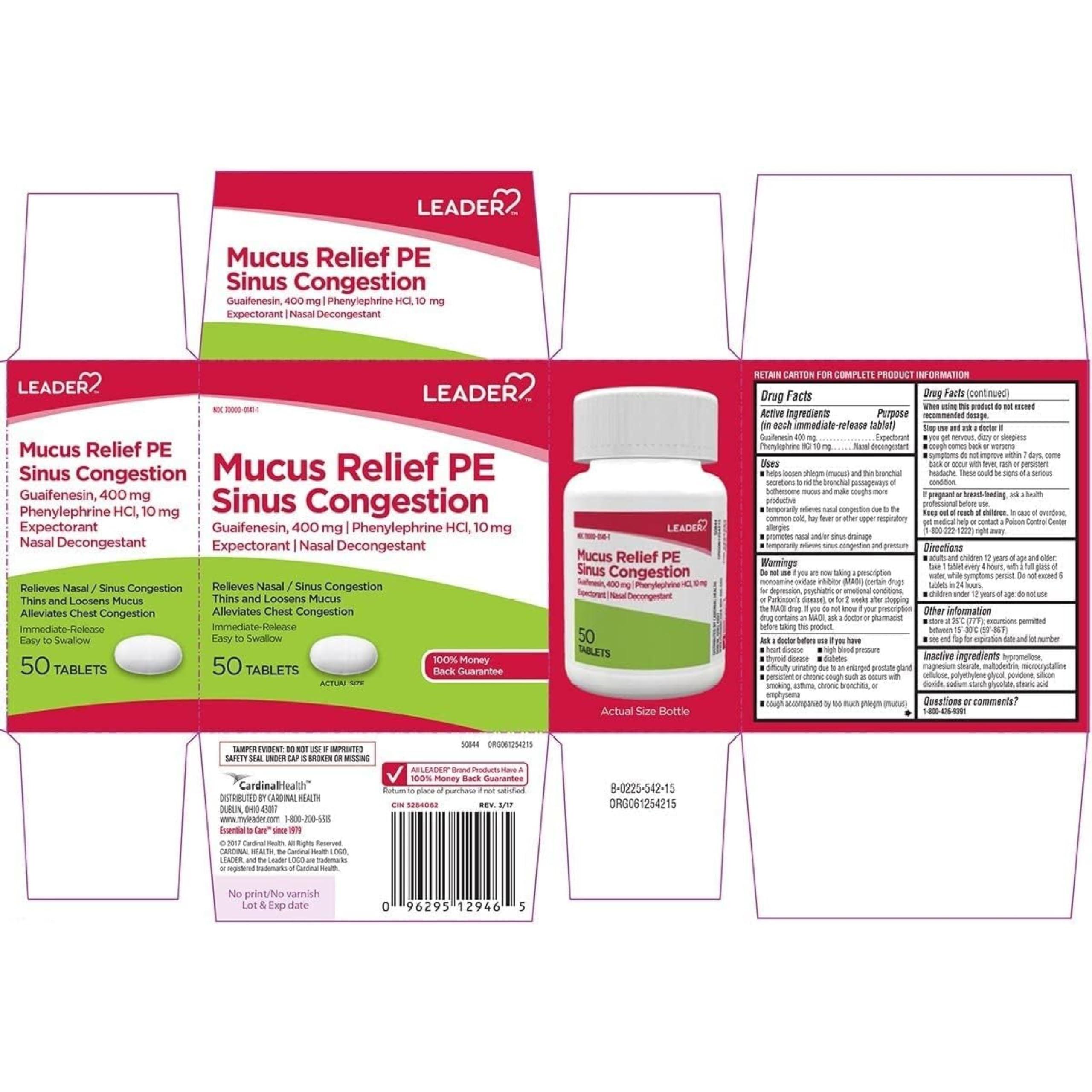 Leader Mucus Relief PE Sinus Congestion, Expectorant; Nasal Decongestant, Thins and Loosens Mucus, Immediate-Release, Alleviates Chest Congestion, 50 Tablets (Pack of 2) - Image 6