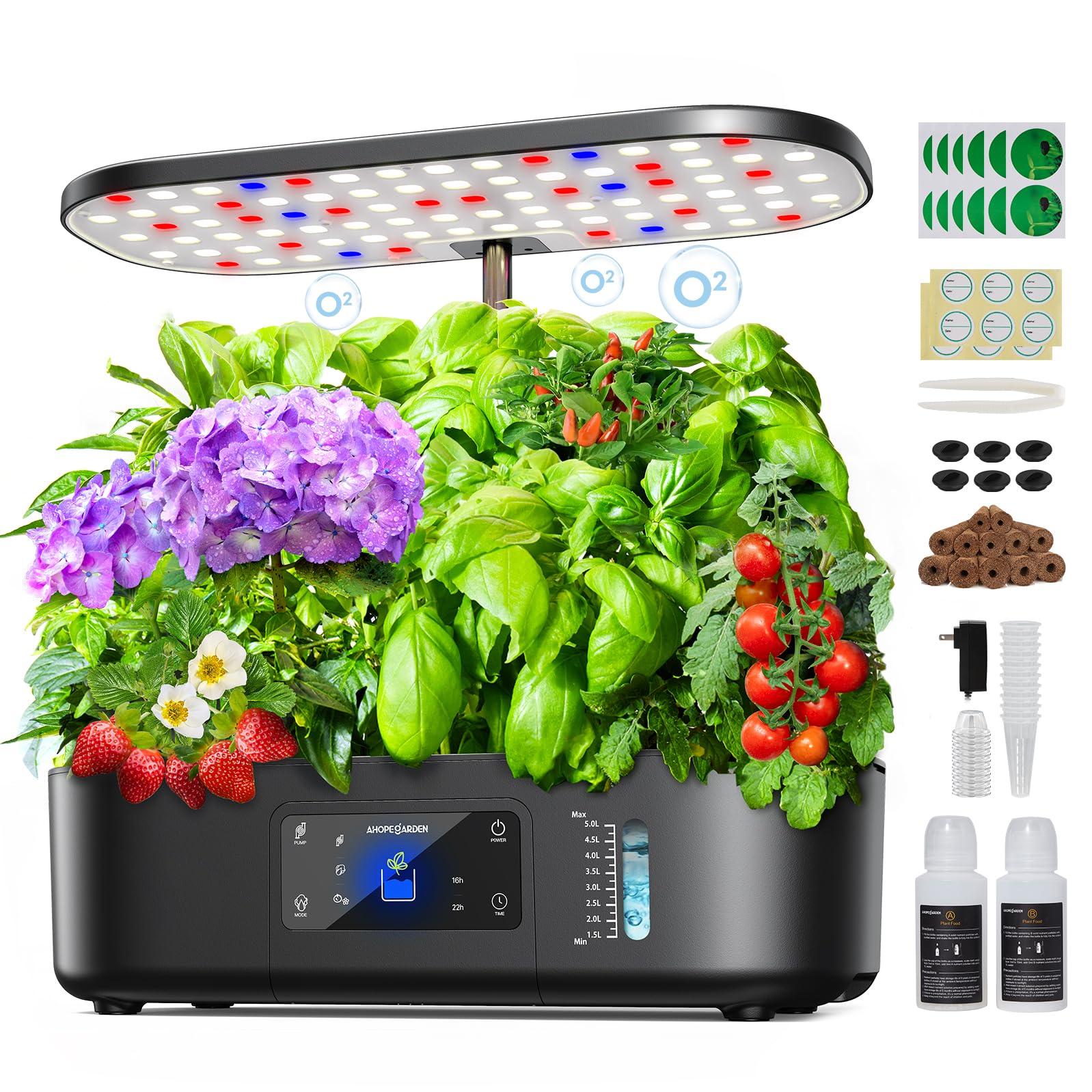 Ahopegarden Hydroponics Growing System Kit Indoor Herb Garden with Grow Light 12 Pods, with LCD Touch Panel Hydroponic Planter, Planting Height Up to 17", Grower Harvest Fresh Veggie Lettuce, Black