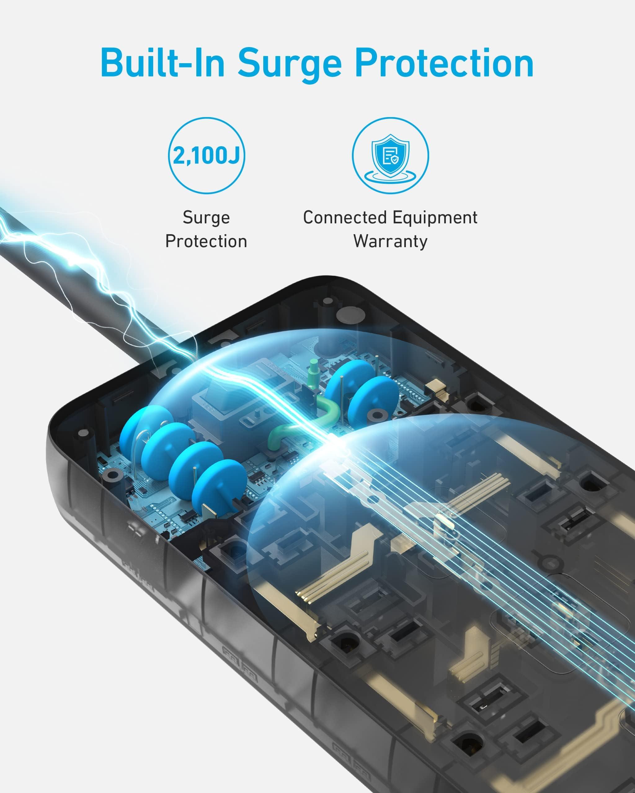 Anker (Pack of 2) Surge Protector Power Strip (2100J), 12 Outlets with 1 USB C and 2 USB Ports for iPhone 15/15 Plus/15 Pro/15 Pro Max, 5feet Extension Cord, Flat Plug, 20W for Home,Office,TUV Listed - Image 4