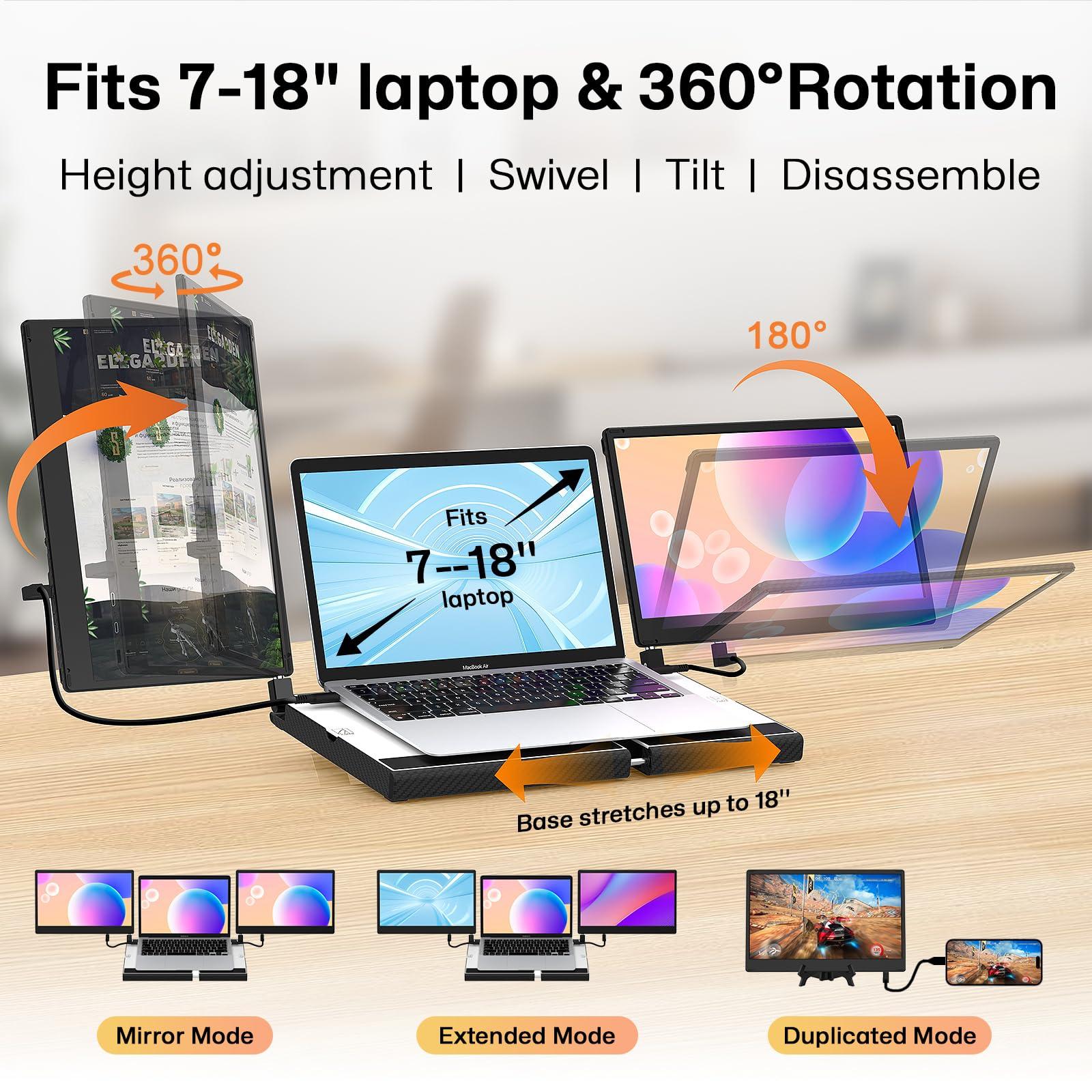 14" Laptop Screen Extender Smart Base - Upgraded Triple Portable Monitor FHD 1080P -300% More Efficient, 360° Rotation/Detachable Dual Display, Plug-Play USB C/HDMI,Laptop Monitor Extender for Win/Mac - Image 5