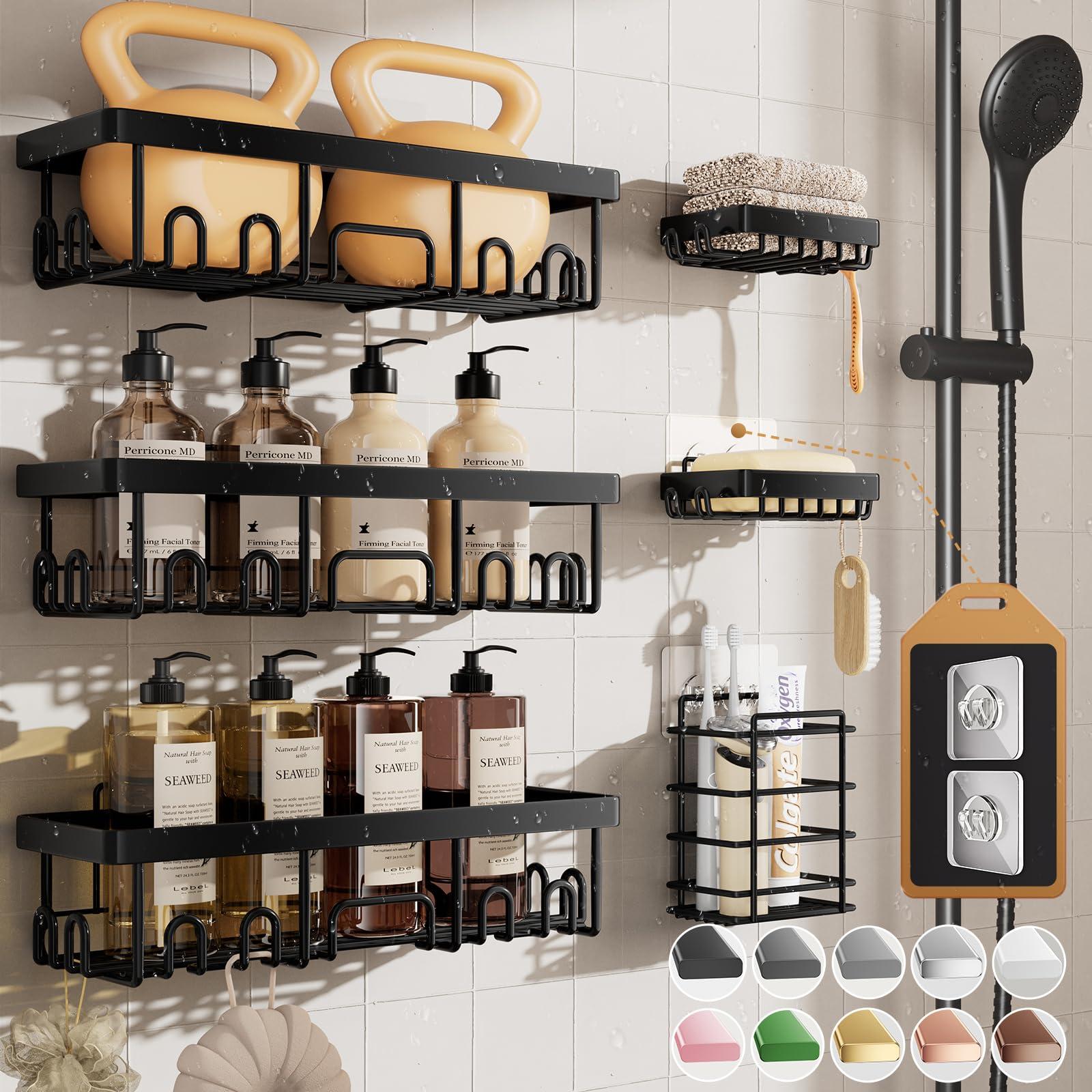 Veken Rustproof & Waterproof Shower Caddy 6-Pack, No Drilling Adhesive Shelves Rack with Soap Holder, Large Capacity Bathroom Organizers and Storage, Wall-Mounted Kitchen & Home Decor