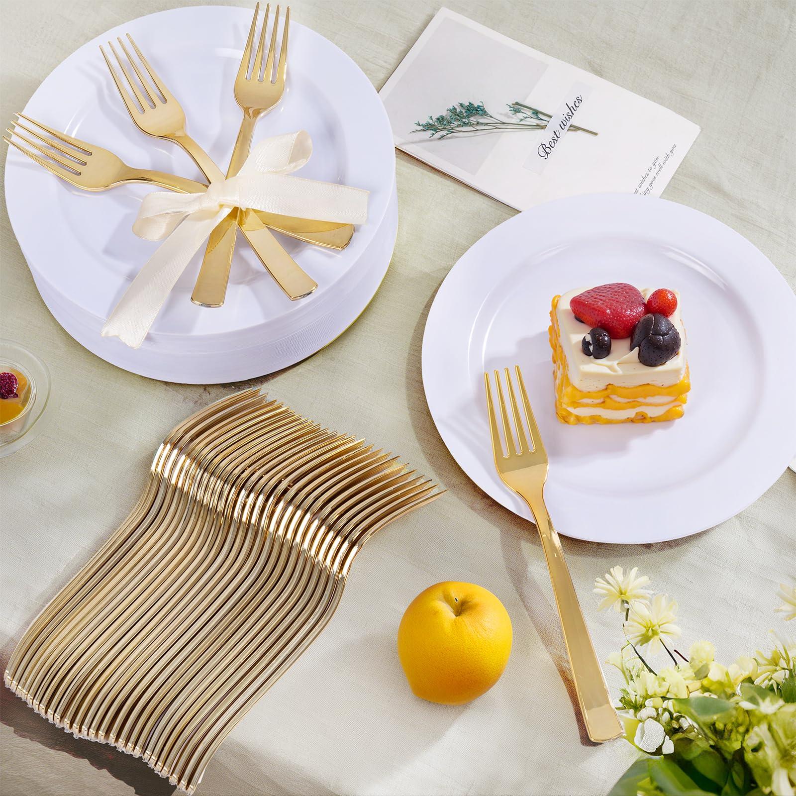 WELLIFE 100PCS White Plastic Dessert Plates and 100PCS Gold Disposable Forks, Premium Hard Dessert Plate 7.5”, Appetizer Plastic Plates for Party and Wedding - Image 6