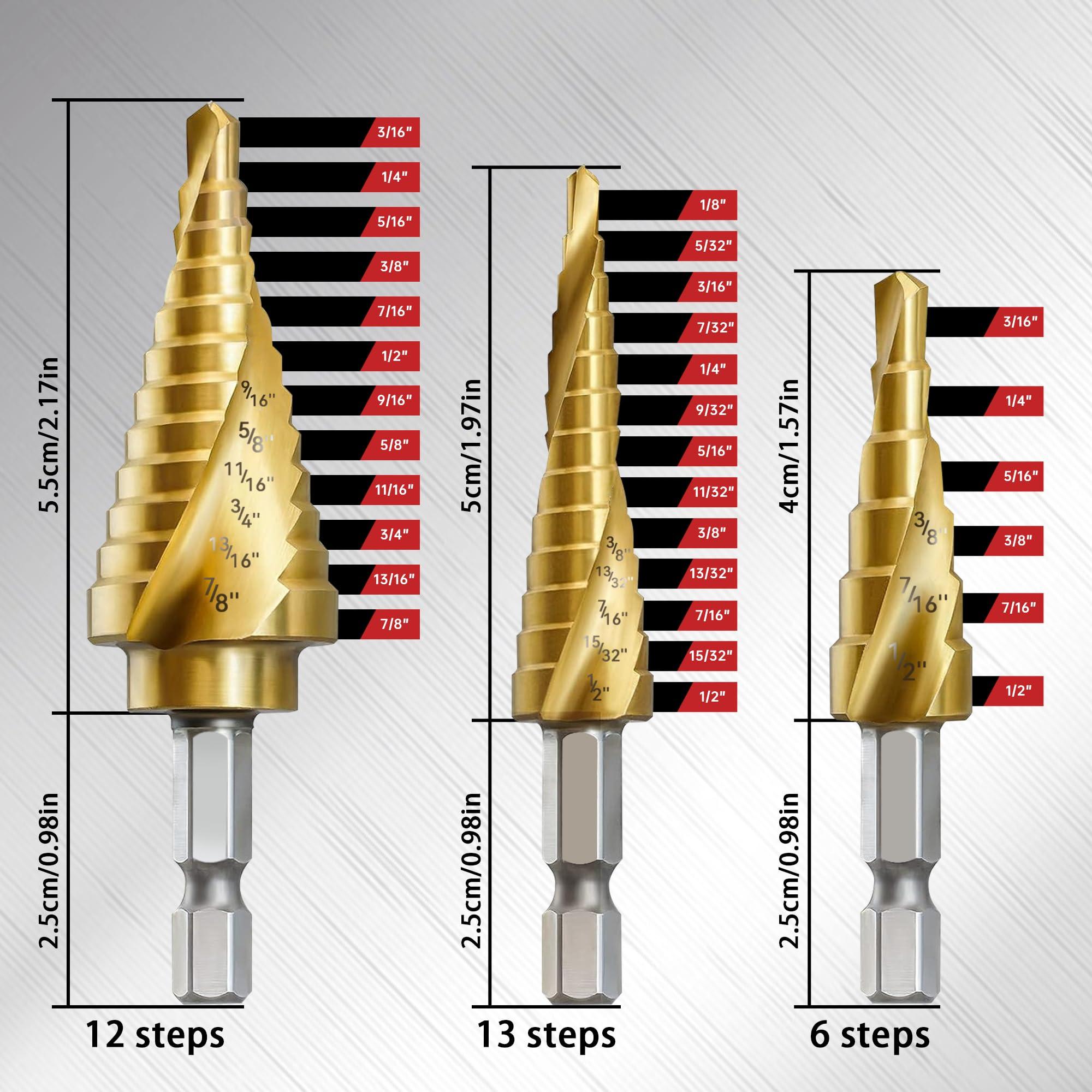 AIMLENTOOL 3PC Step Drill Bit Set, 1/4" Hex Shank High-Speed Steel Spiral Grooved Step Drill Bit for Sheet Aluminium Metal Wood Hole Drilling, 31 Step Sizes Taper Drill bit Set for DIY Lovers - Image 2