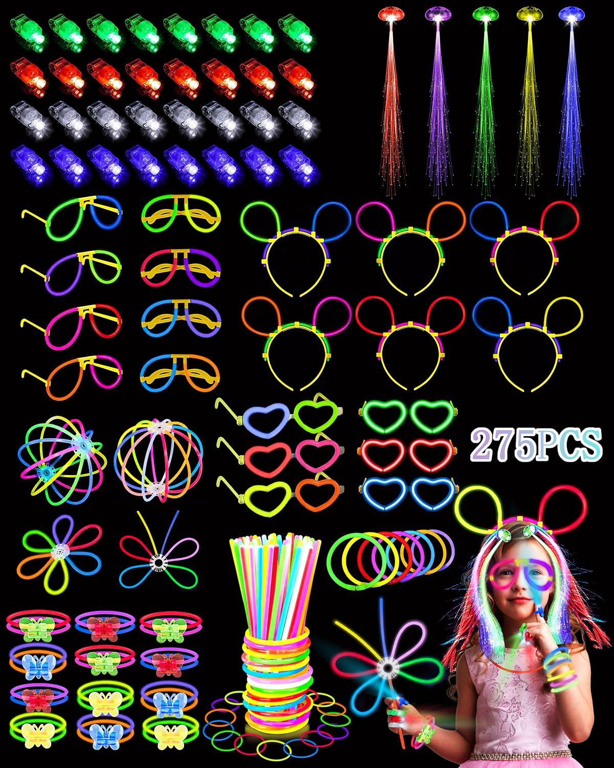 275 PCS Glow in the Dark Party Supplies for Kids Adults, Light Up Party Favors, Glow Sticks Bulk Party Pack Bracelets Finger Lights Glasses Headband LED Light Hair Wedding Birthday New Year Halloween