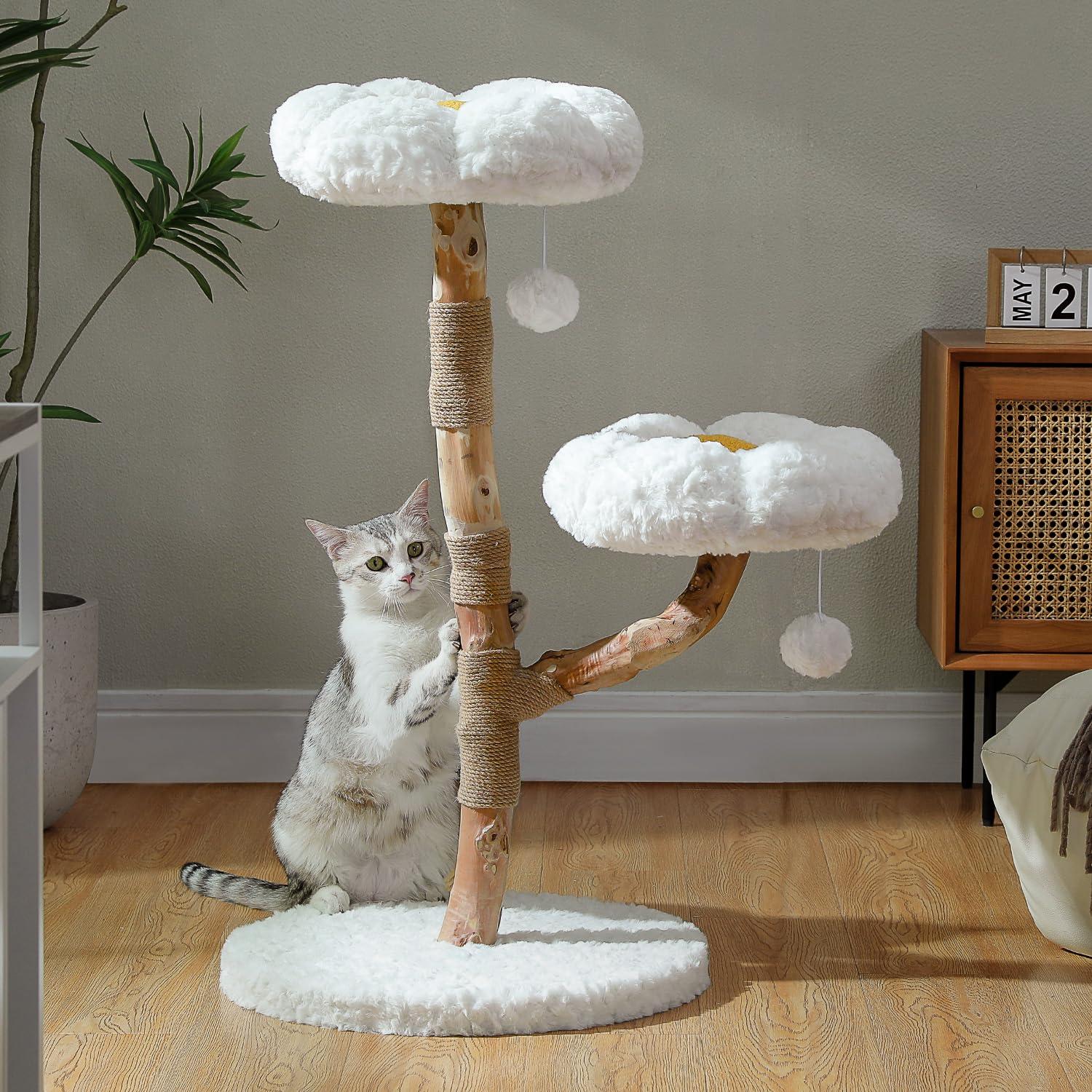 MUTTROS Wood Flower Cat Tree, Modern Cat Tower with Real Wood Branches, Luxury Boho Furniture with Scratching Post and 2 Perches, Cat Climbing Tower for Indoor Cats, Cloud White