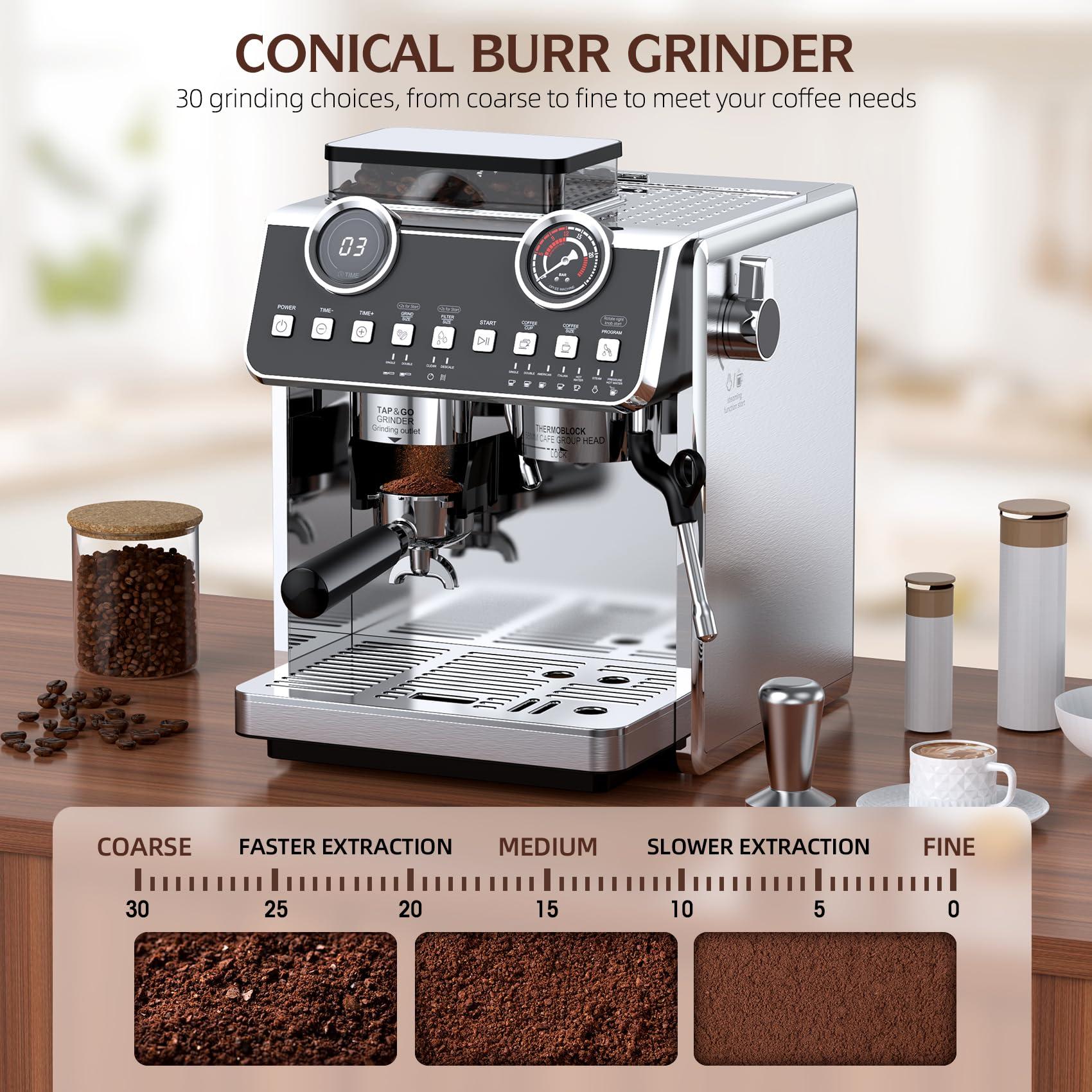 QJA Espresso Machine with Grinder, 20 Bar Pressure Professional Espresso Maker with 30 Grinding Settings, 58mm Portafilte, Anti-scalding Milk Frother Steam Wand for Latte Cappuccino (Stainless Steel) - Image 4