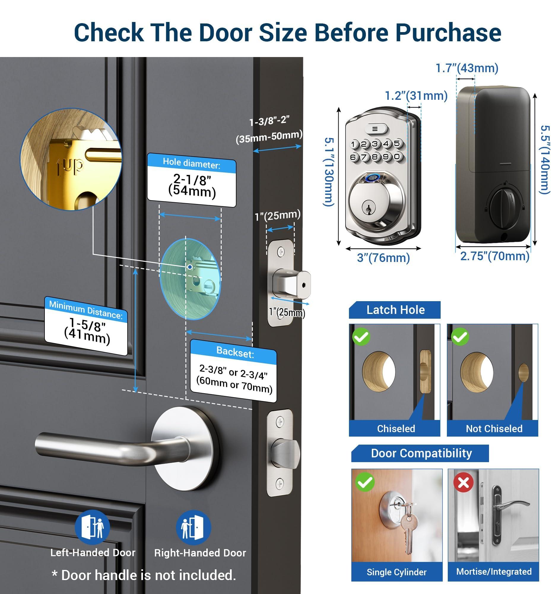Veise Fingerprint Door Lock, Keyless Entry, Auto Lock, Electronic Keypad Deadbolt for Front Door, Biometric, Anti-Peeking Password, Easy Install, Satin Nickel - Image 6