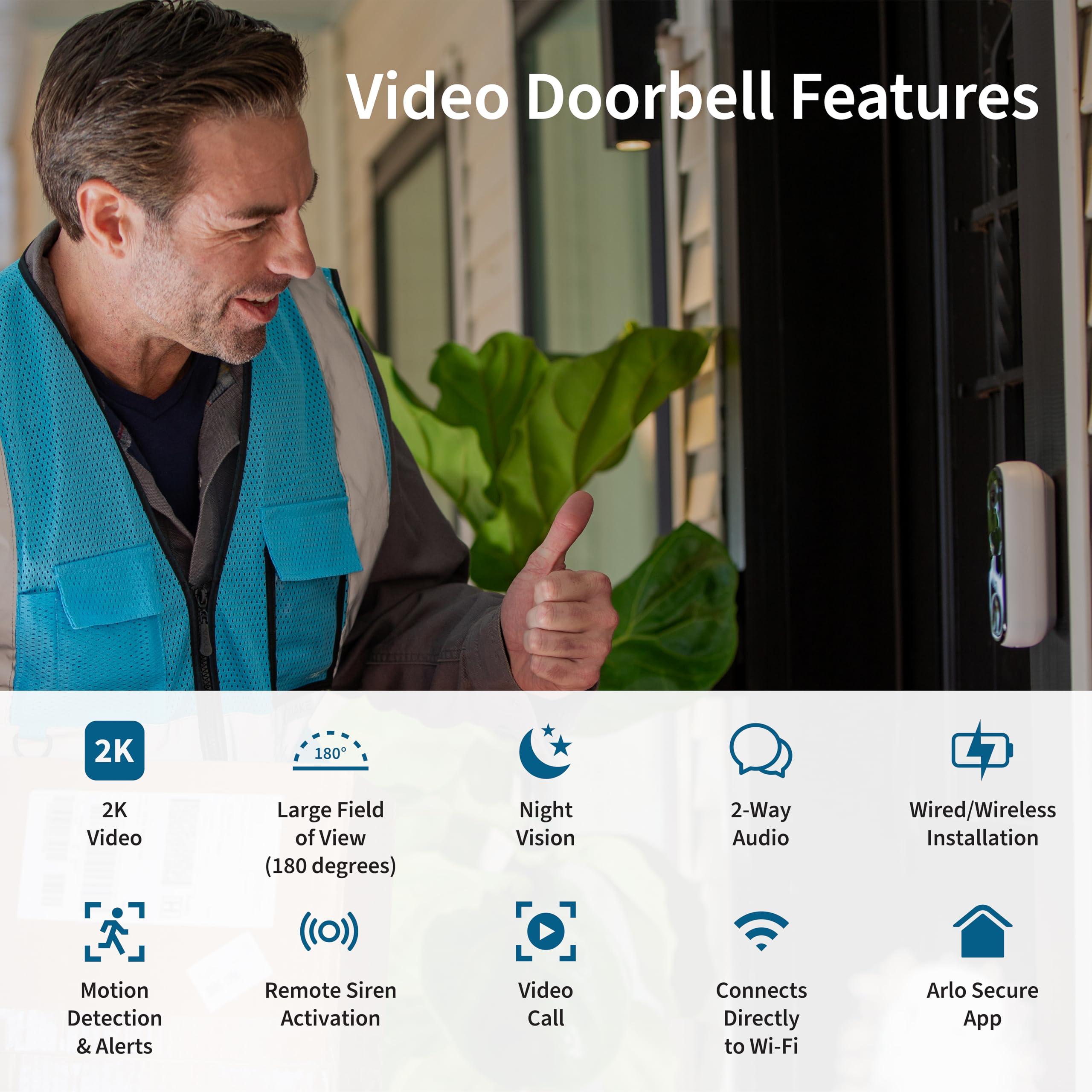 Arlo Video Doorbell 2K | 2nd Gen | Wire-Free/Wired Option, 2-Way Audio, Night Vision, Head to Toe Video View, Integrated Siren | Live Stream | Real Time Notifications |180 Deg Wide View, White - Image 2