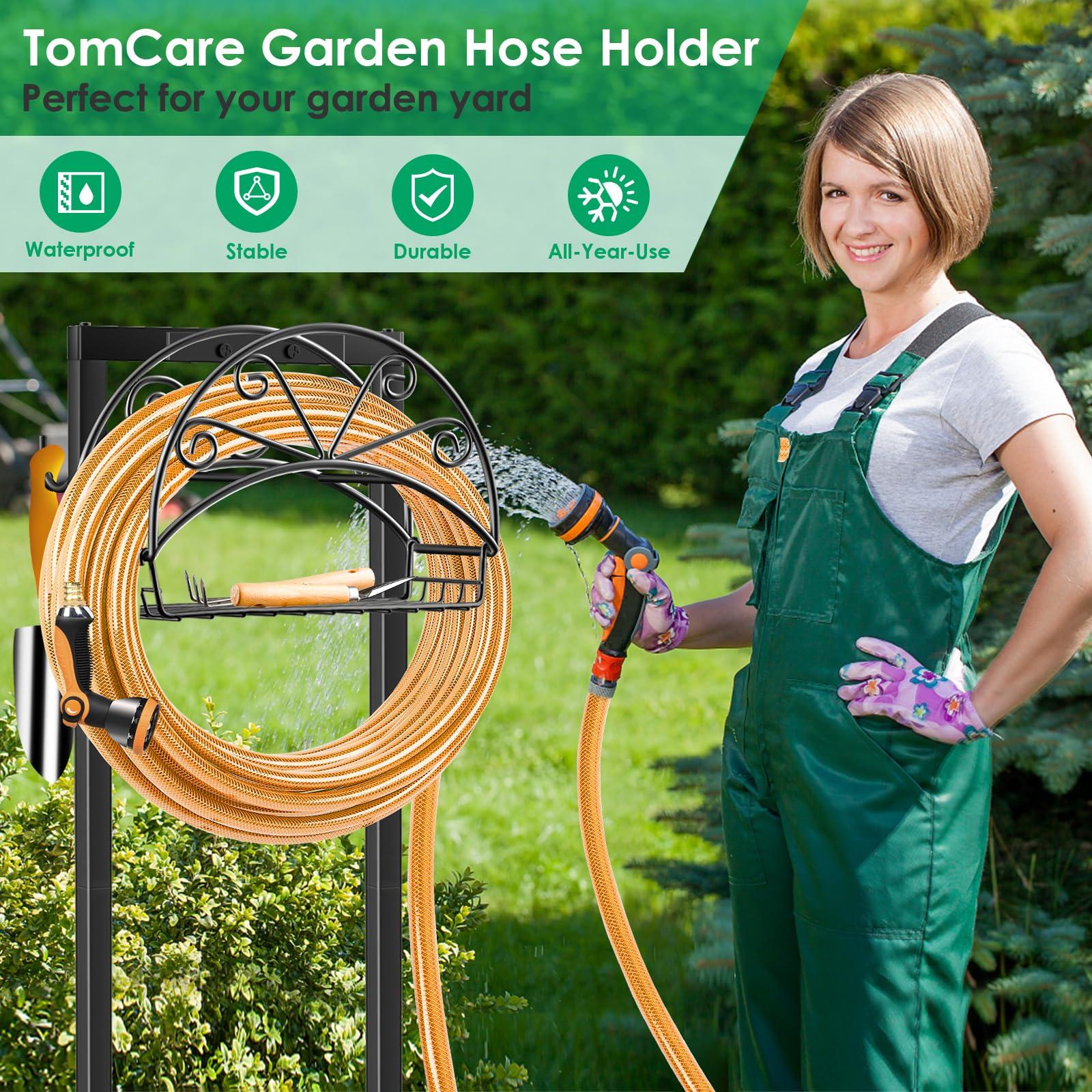 TomCare Garden Hose Holder Upgraded Water Hose Holder with Storage Basket 2 Tool Hooks Heavy Duty 4 Spikes Hose Hanger Holds 160ft Hoses Freestanding Hoses Storage Organizer for Outside Yard - Image 5
