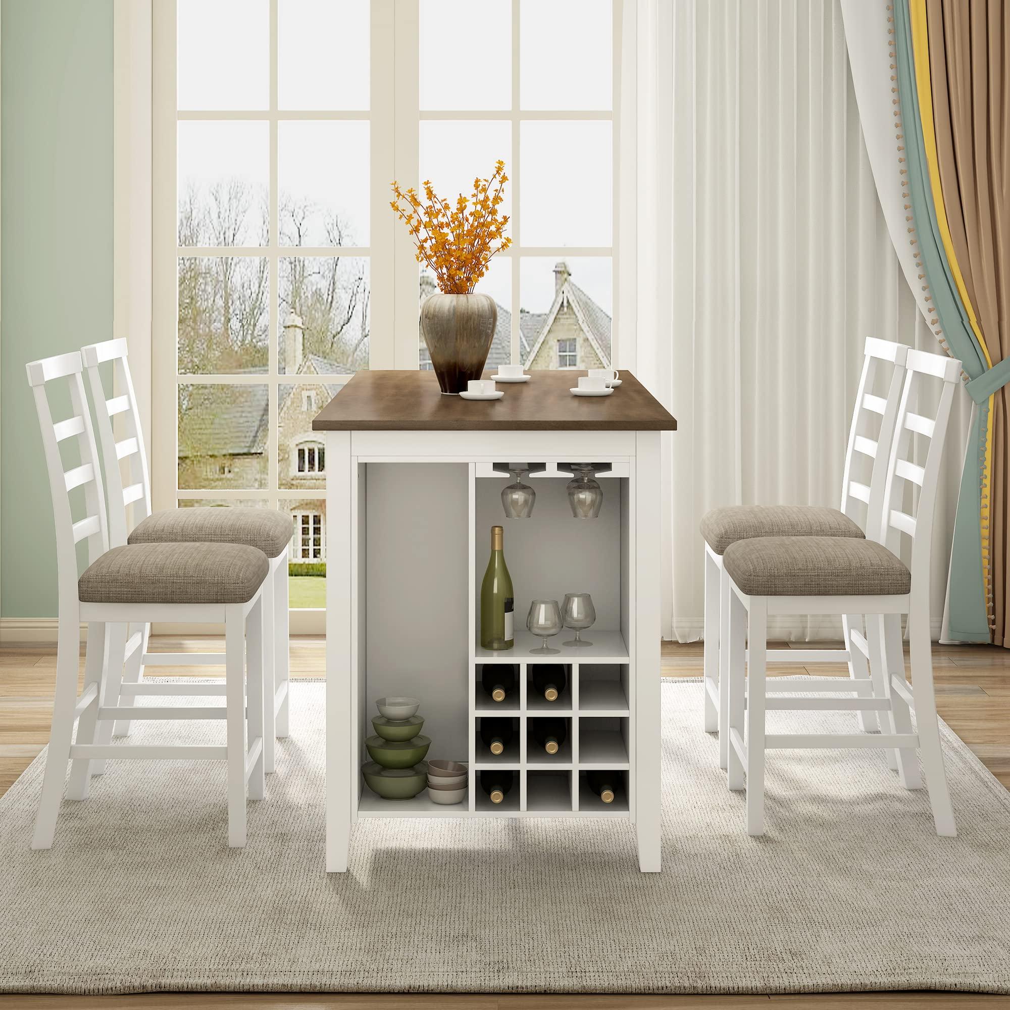 LUMISOL Farmhouse Rustic Kitchen Dining Room Table Set with Chairs for Small Space Table with Wine Rack and Wineglass Holder and Upholstered Chair with Highback, 5 Piece Dining Table Set