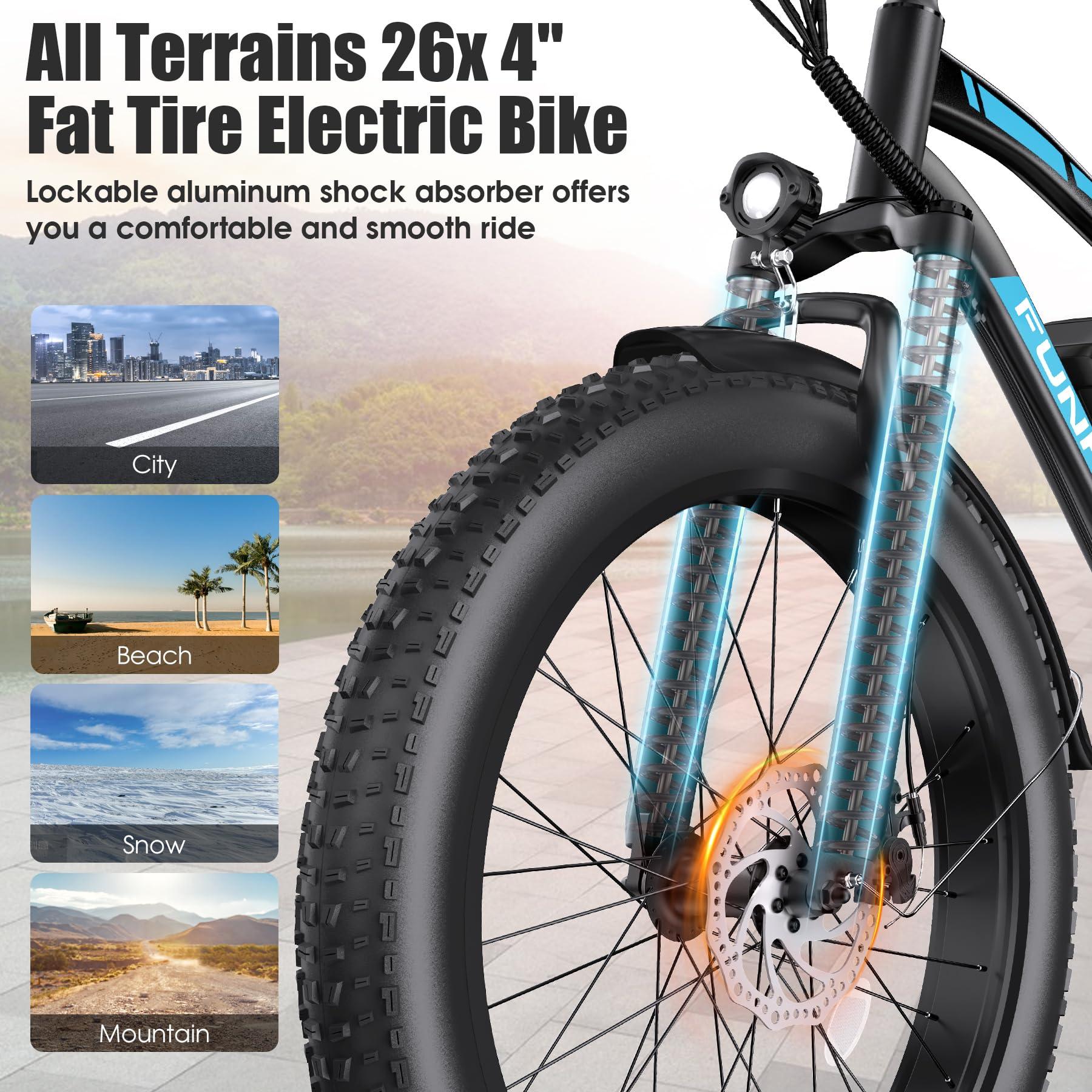 Funhang Electric Bike for Adults, Peak 1000W Ebike, 25MPH 60Miles Electric Mountain Bike, 26" Fat Tire Adult Electric Bicycle with 48V 13AH Battery, Rear Rack, 7 Speed, Front Suspension, Turn Signal - Image 4