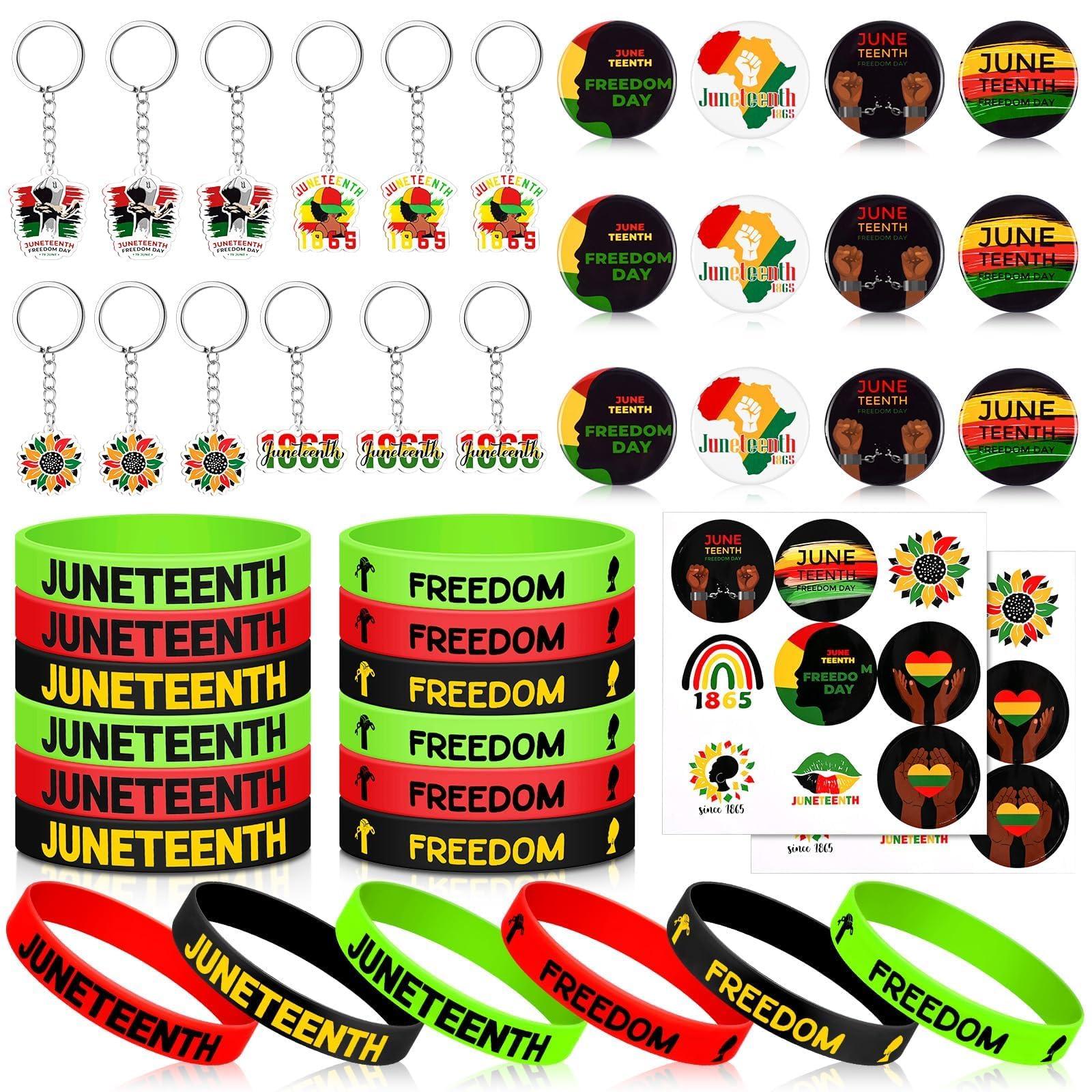Sanixin 38 Pcs Juneteenth Party Favors with Happy Juneteenth Keychain Elastic Rubber Bracelets Button Badge Stickers Set for 1865 Independence Day African American Festival Parade Supplies Gifts
