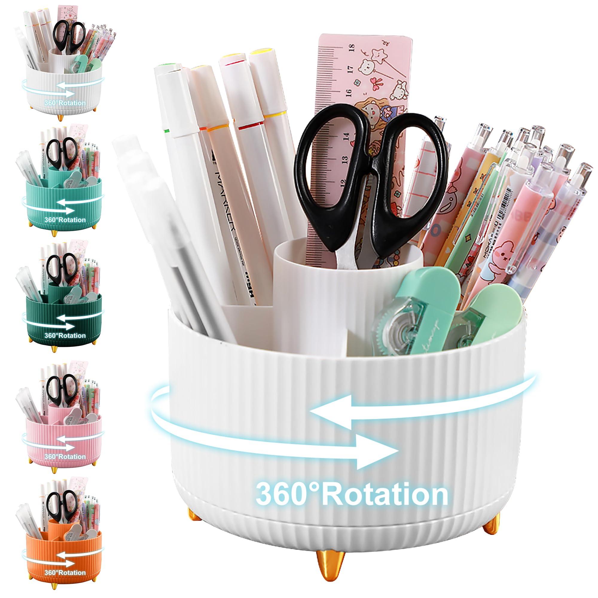 Cayxenful Pencil Holder For Desk,5 Slots 360°Degree Rotating Desk Organizers And Accessories,Desktop Storage Stationery Supplies Organizer, Cute Pencil Cup Pot For Office, School, Home (B-White) - Image 1