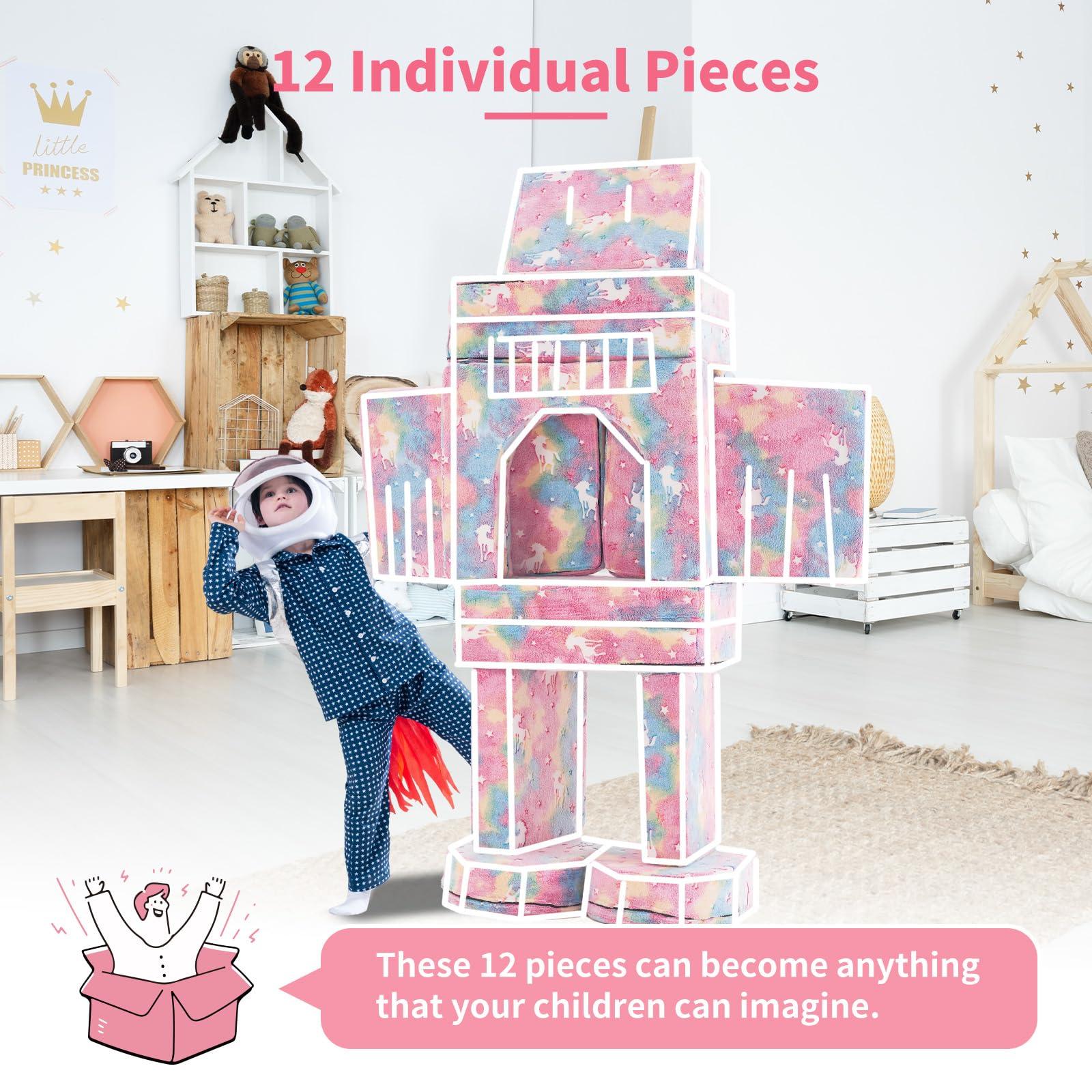 Kids Couch 13PCS, Modular Kids Play Couch for Playroom Bedroom, 13 in 1 Multifunctional Kid Sofa for Playing, Creativing, Sleeping, Indoor Toddler Couches for Boys and Girls (Glowing Unicorn Pink) - Image 6