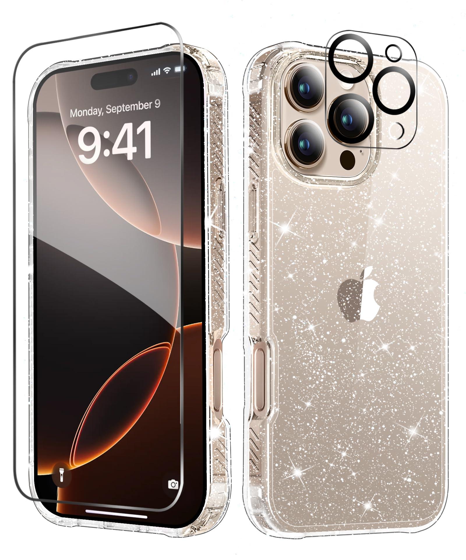 MIODIK for iPhone 16 Pro Case Clear Glitter, with Screen Protector + Camera Lens Protector, [Non-Yellowing] Shockproof Protective Phone Case, Women Girl Cover for iPhone 16Pro 6.3" - Sparkle Clear - Image 1