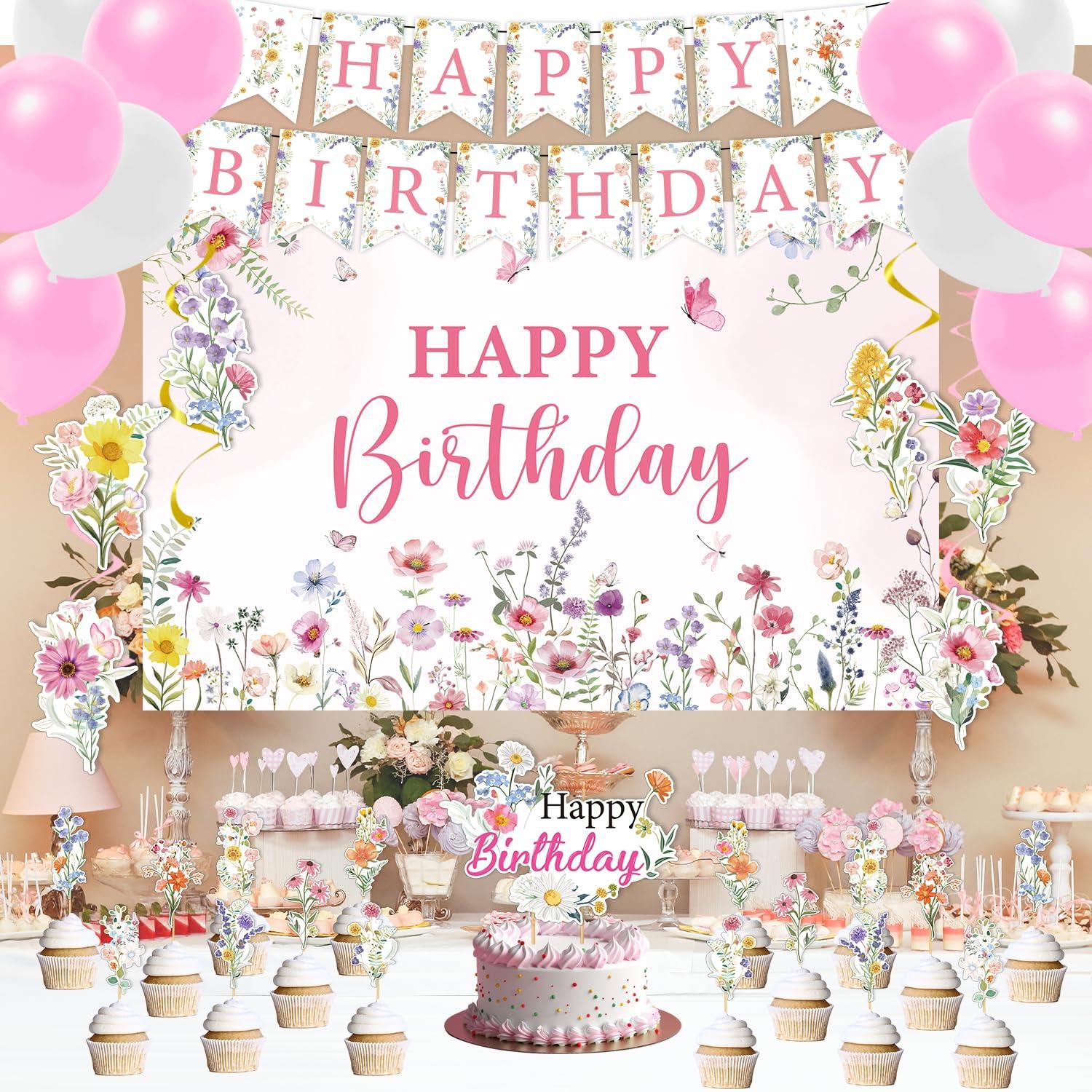 Rngmsi Flower Birthday Decorations Set - 42PCS Wildflower Floral Birthday Decor Party Supplies for Girls Women Happy Birthday Banners Balloons Backdrop Hanging Swirls Cake Topper Cupcake Toppers - Image 6