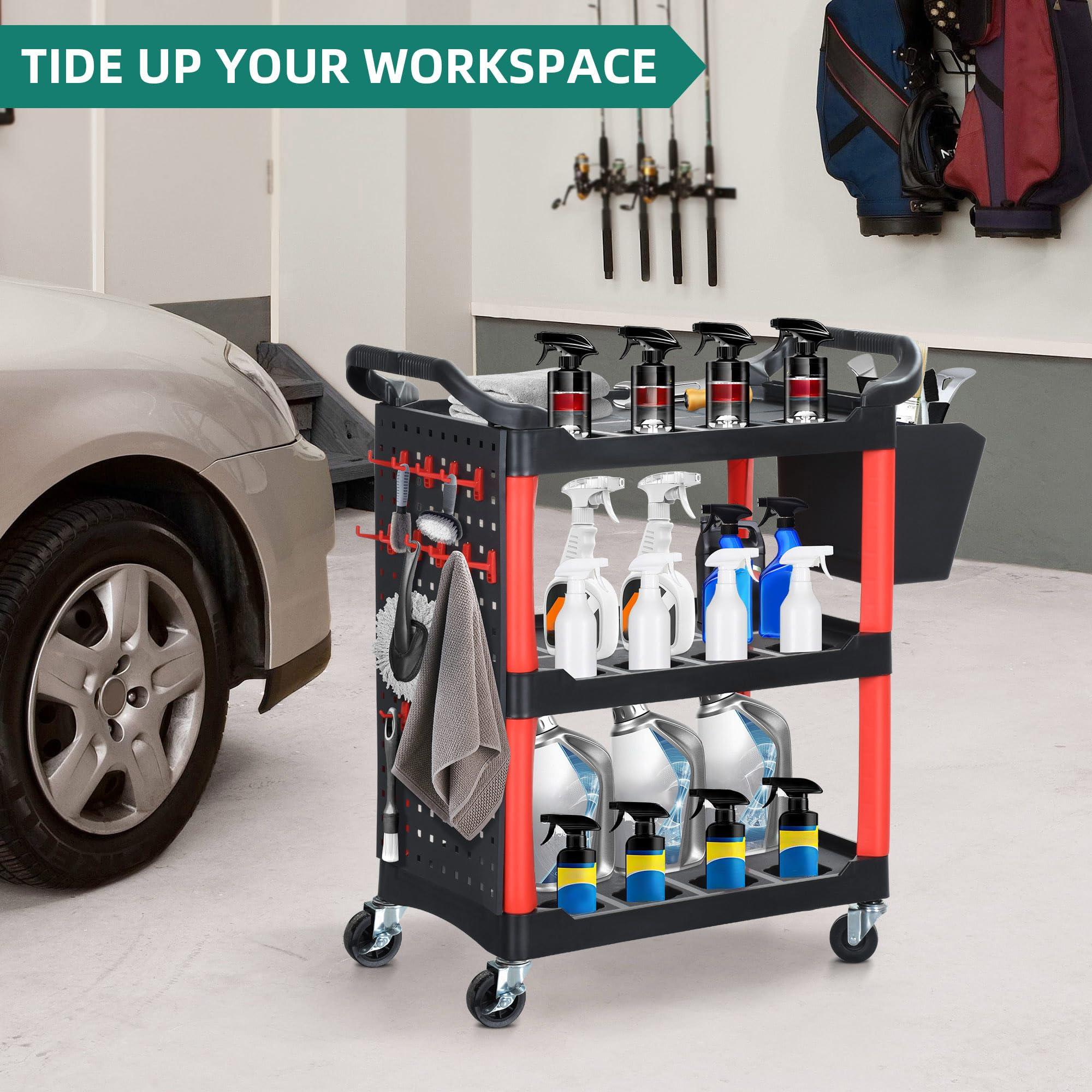 YITAHOME Auto Detailing Cart with Wheels, 3 Tier Rolling Detail Cart with Long Hanging Plate & Hooks & Hanging Bucket, Car Wash Organizer Cart for Detailers Garage, Workshop, Repair Shop, Storage Tool - Image 3