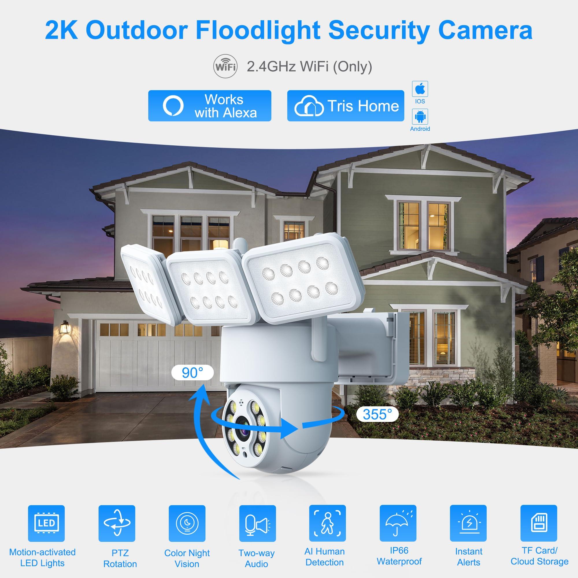GOLSPARK Floodlight Camera, 2K WiFi Outdoor Security Camera with 2000LM Flood Light, Outdoor Camera with 2-Way Audio 360° PTZ AI Detection Auto Tracking Color Night Vision Alert Cloud or SD Storage - Image 2