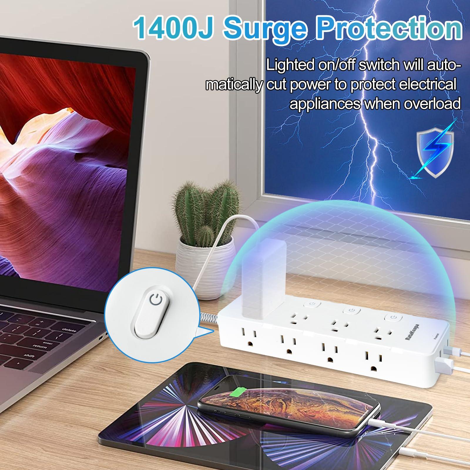 10 Ft Surge Protector Power Strip - 8 Widely AC Outlet 4 USB Ports(2 USB C), Flat Plug Extension Cord with Multiple Outlets, Individual Switches, Desk Extender for Dorm, Home, Office Essentials, 1400J - Image 5