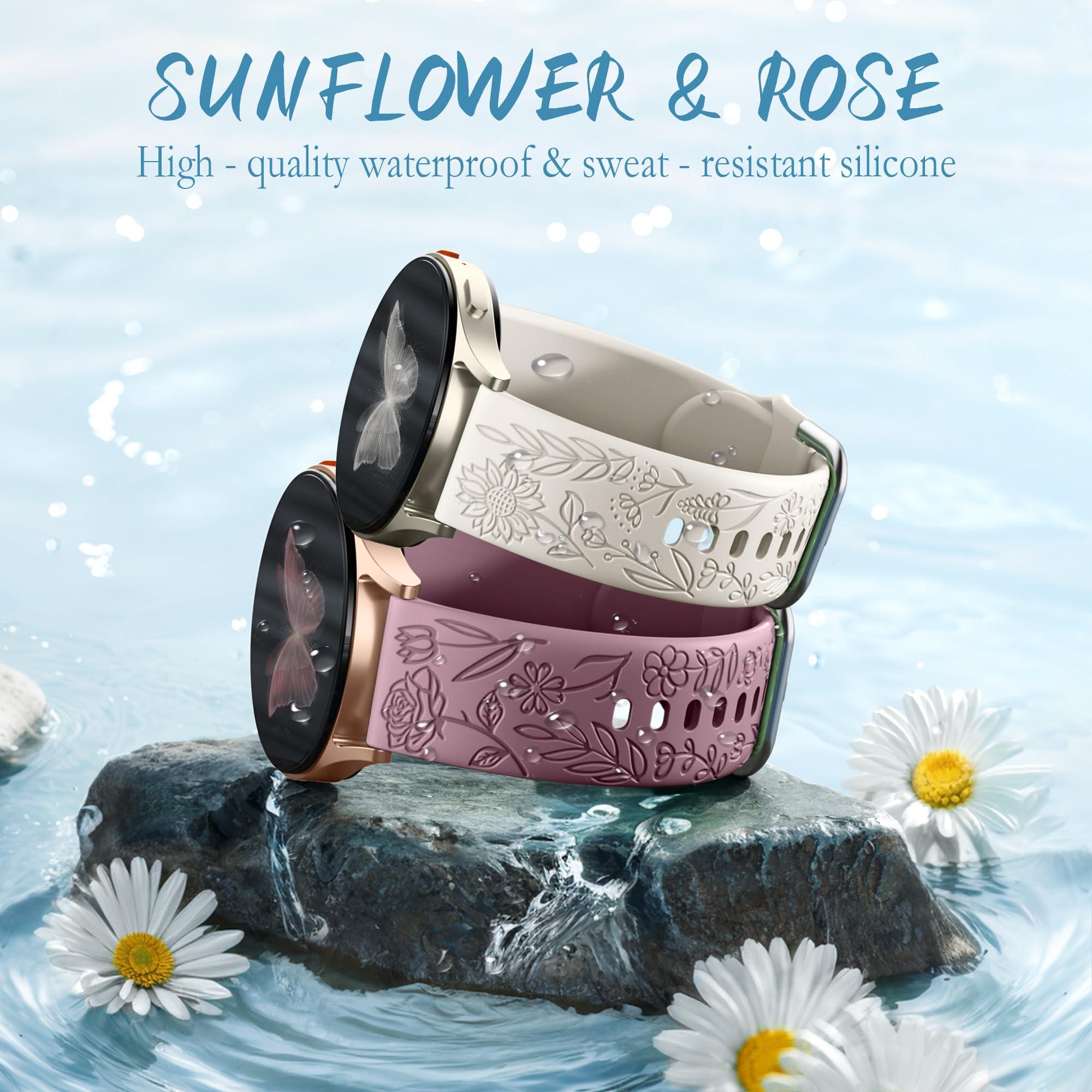 SNBLK 6 Pack Floral Engraved Bands Compatible with Samsung Galaxy Watch 7 Band 6 5 4 Active 2 FE 40mm 44mm/Watch 6/4 Classic/5 Pro/3, 20mm Cute Flower Silicone Sport Strap for Samsung Watch Bands Women - Image 4