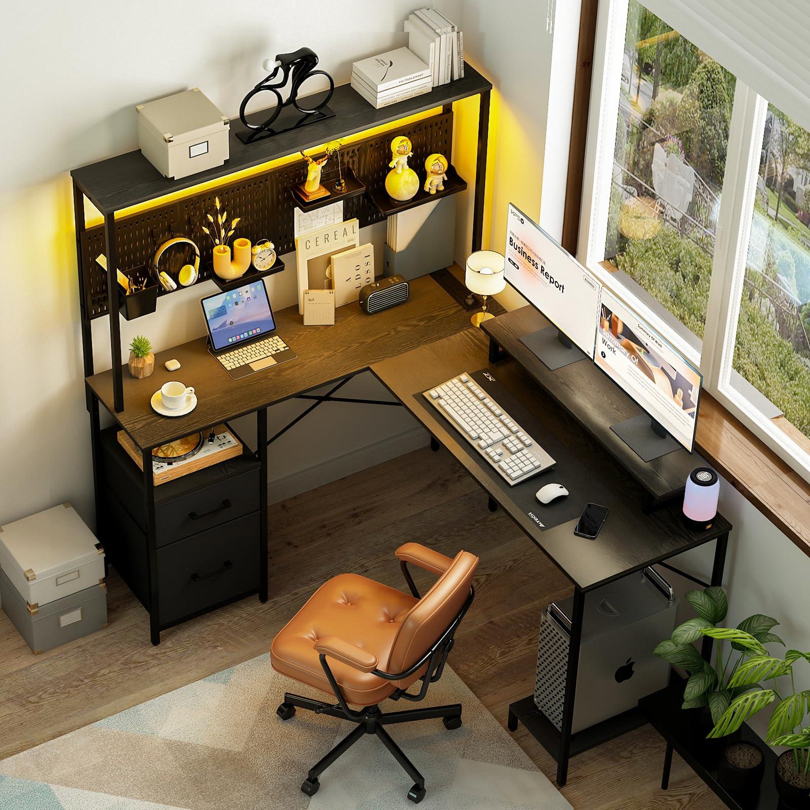 Yoobure L Shaped Desk with Pegboard, Reversible Computer Desk with Drawers & Storage Shelves, Gaming Desk with LED Lights & Power Outlets, Office Desk with Monitor Stand Corner Desk Home Office Desks - Image 8