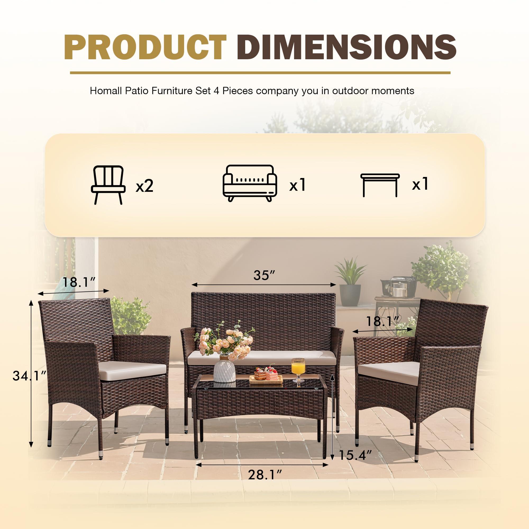 Homall 4 Pieces Outdoor Patio Furniture Sets Rattan Chair Wicker Set, Outdoor Indoor Use Backyard Porch Garden Poolside Balcony Furniture Sets Clearance (Brown and Beige) - Image 3