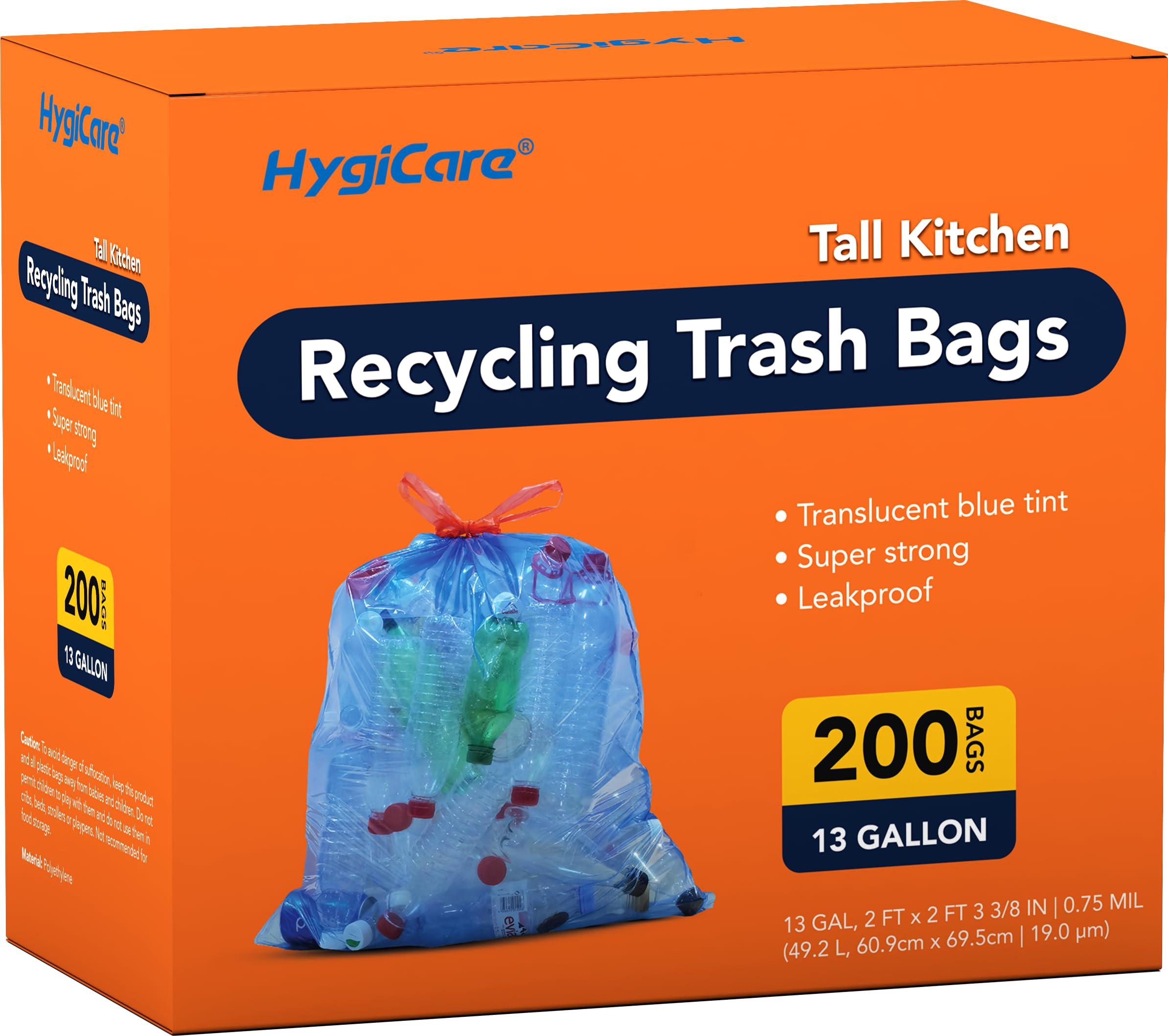 HygiCare 13 Gallon Recycling Trash Bags, Unscented 200 Count Drawstring Tall Kitchen Garbage Bags, Pre-Separated, Ultra Strong, Leakproof, Sturdy, Translucent Blue
