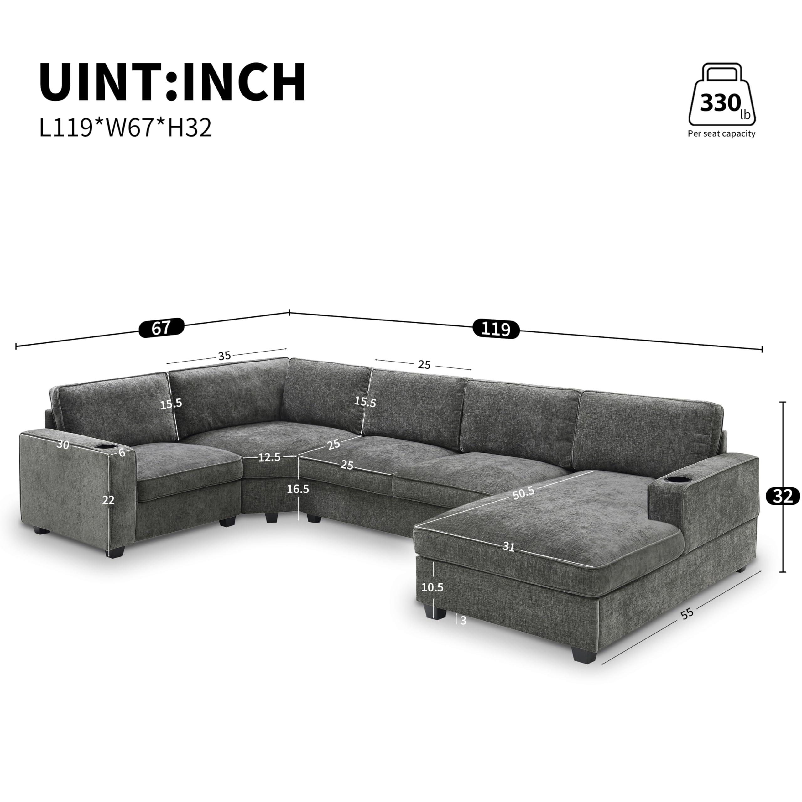 Merax Modern U-Shaped Cloud Couch Set with Oversized Chaise Lounge, Chenille 6-Seat Sectional Sofa Sleeper Bed with Cup Holders for Living Room Dark Gray - Image 2