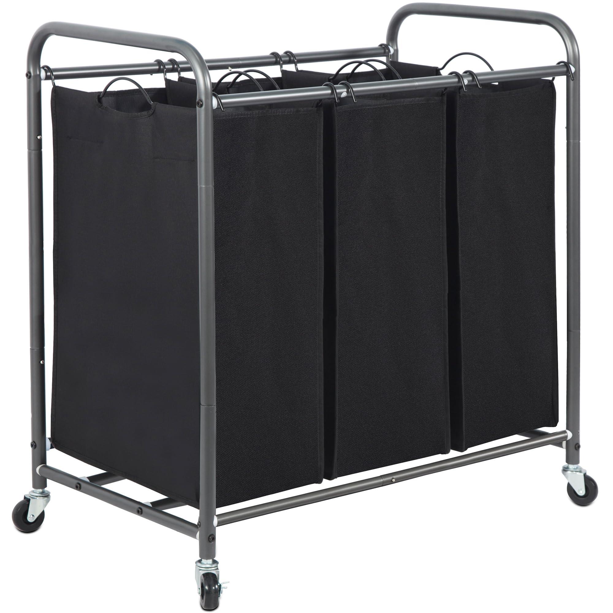 STORAGE MANIAC 3 Section Laundry Sorter, 35.9 Gal (136 L) Laundry Hamper Cart with Heavy Duty Rolling Lockable Wheels and Removable Bags, Clothes Organizer Basket Clothes Separator Hamper, Black