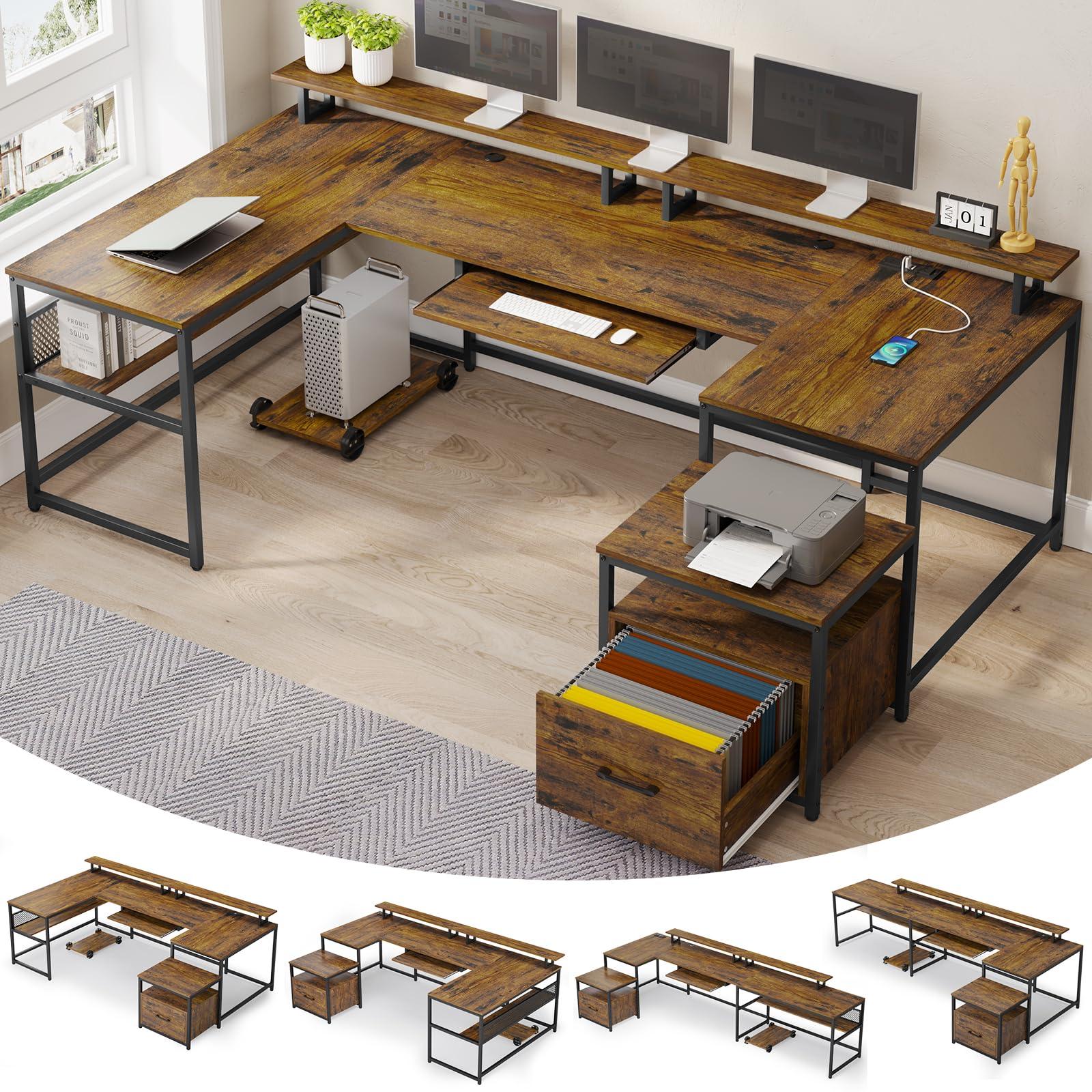 SEDETA U Shaped Desk, Reversible L Shaped Home Office Desk with File Drawer & Power Outlet, 101.5'' Computer Two Person Desk with Monitor Shelf, Keyboard Tray, Gaming Desk, Rustic Brown - Image 4