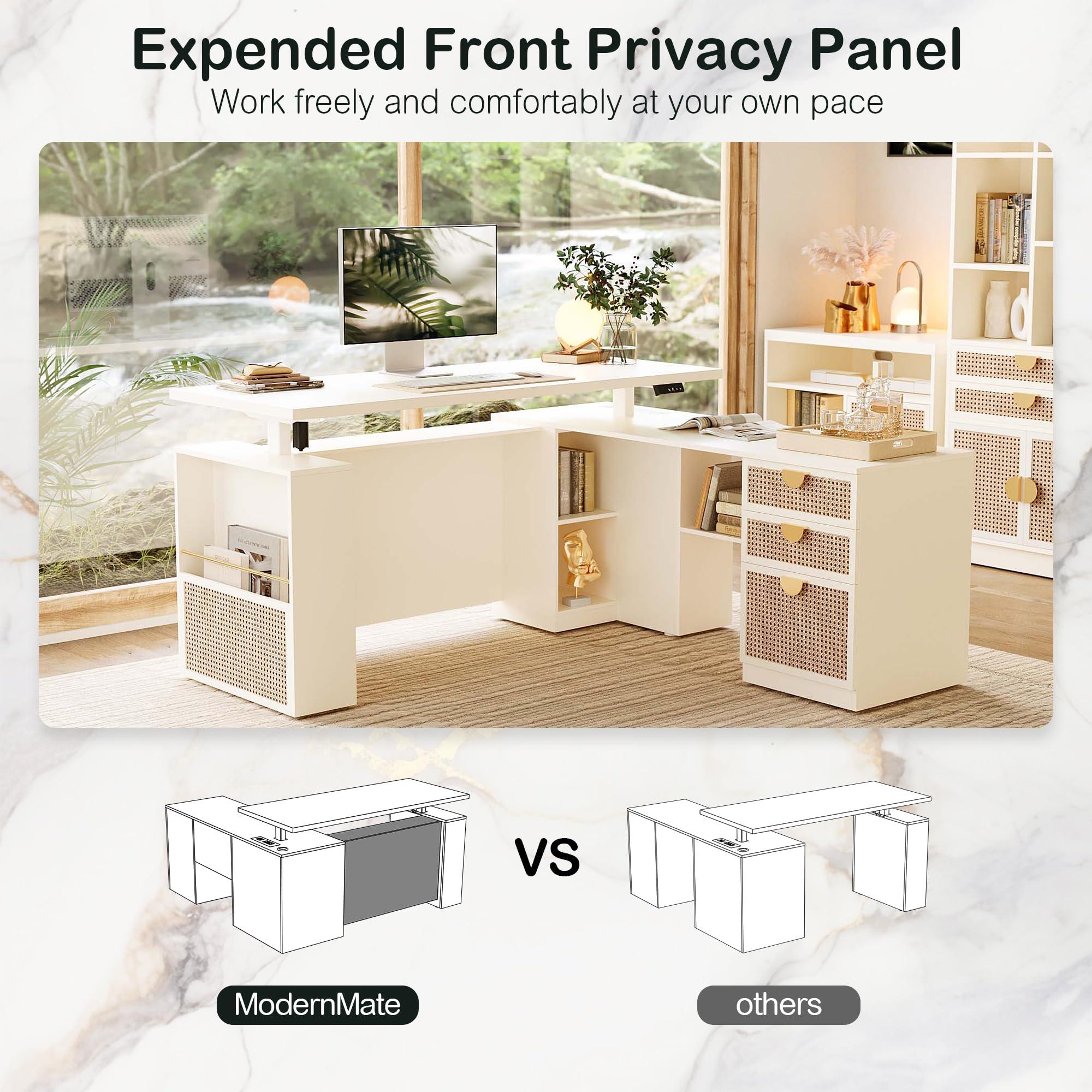 ModernMate 63" Standing Desk with File Cabinet, Privacy Panel, AC/USB, 1.18" Desktop, Executive L Shaped Height Adjustable Desk, Electric Stand Up Table with 3 Drawers, White Rattan - Image 3