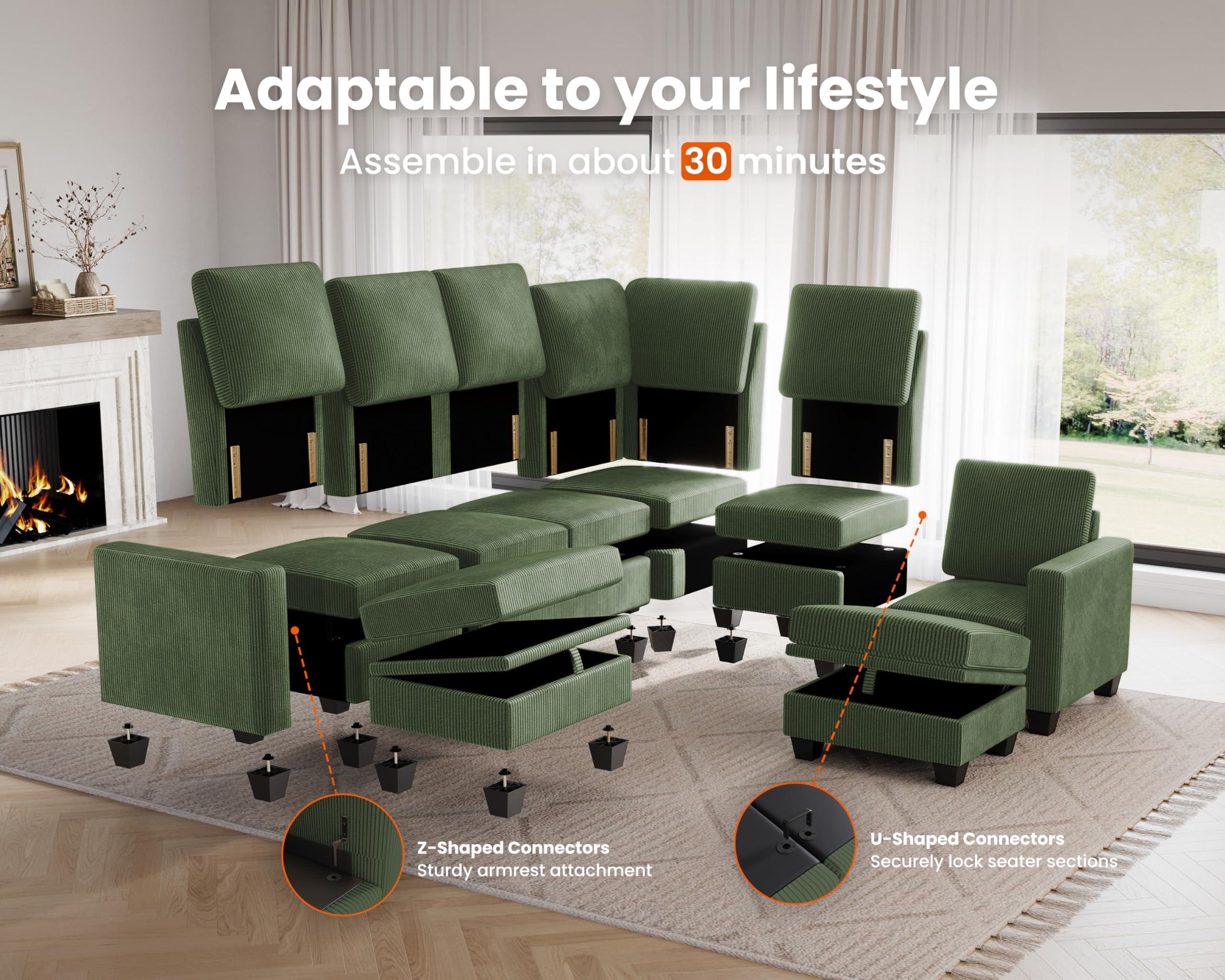 CHIC HOUSE Corduroy Modular Sectional Couch with Ottoman Chaise, L/U Shaped Sleeper Sofa for Living Room, Apartment, Lounge, Modern Armrest Neck Support Furniture (5 Seater Sectional, Green) - Image 5