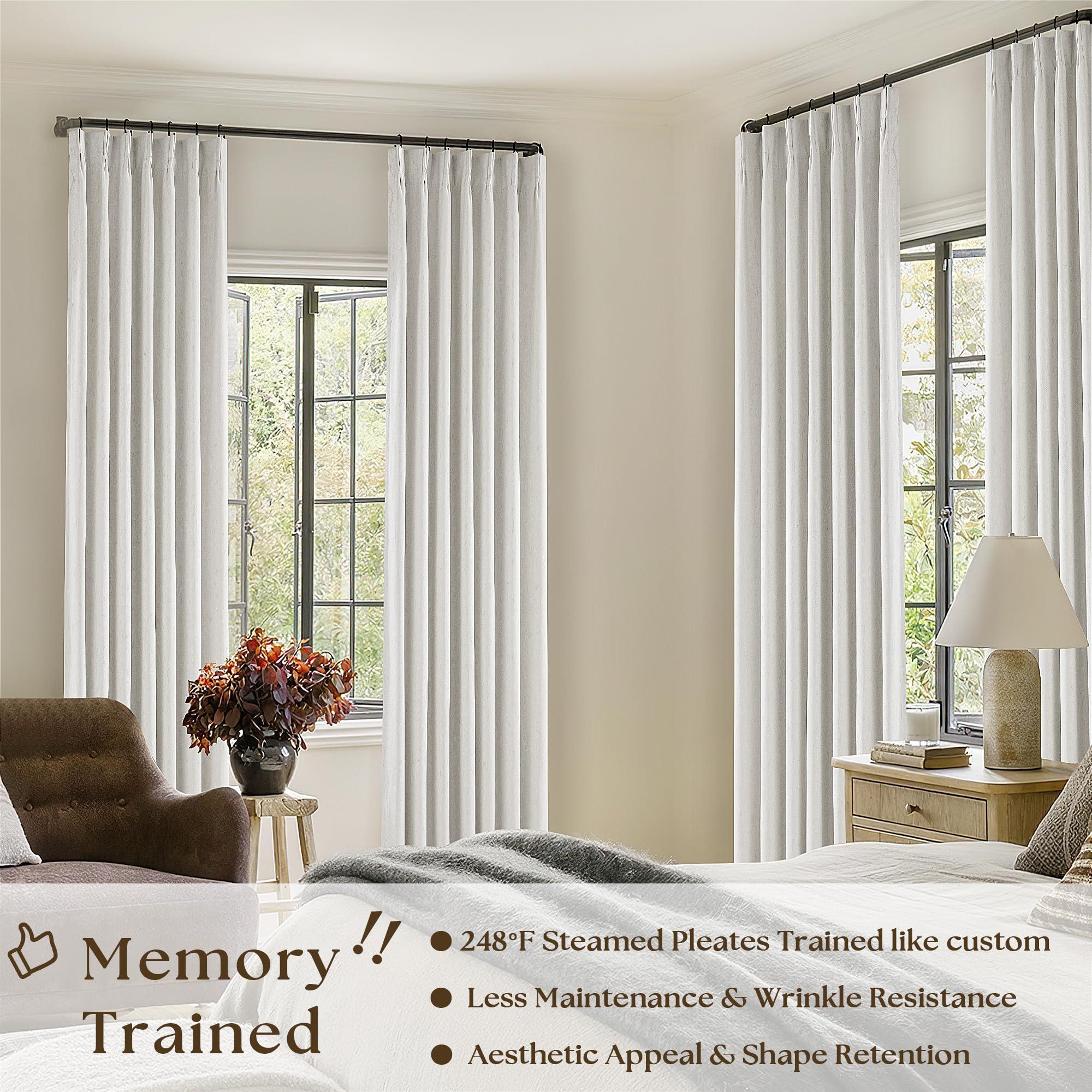 Off White Pinch Pleated 100% Blackout Curtains 102 Inches Long Linen Blend Window Curtains 102 Inch for Bedroom Living Room Darkening Thermal Insulated Back Tab Pinch Pleat Dual Layer Drapes Ivory - Image 2