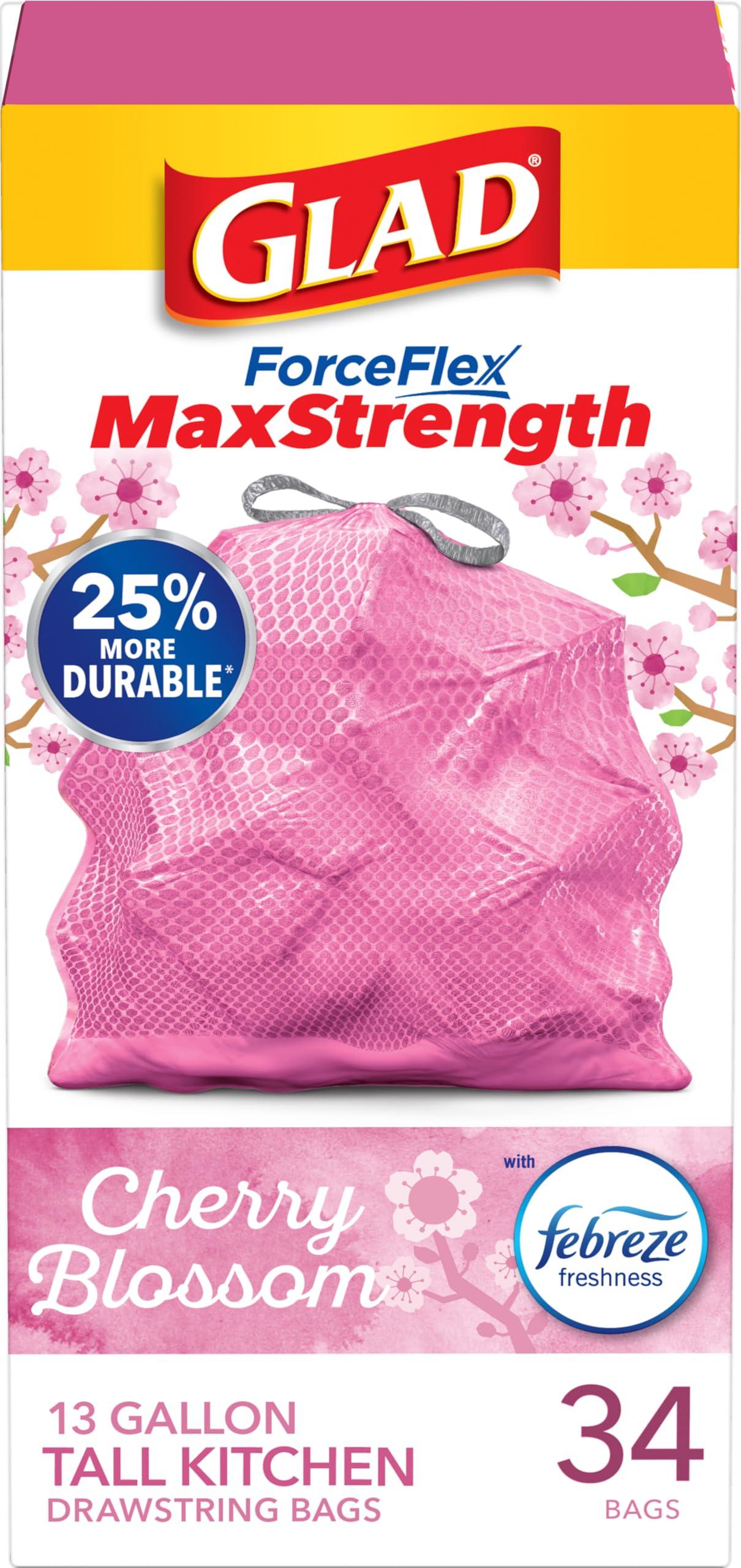 Glad ForceFlex MaxStrength Tall Kitchen Trash Bags, 13 Gal, Cherry Blossom, 34 Ct (Package May Vary)