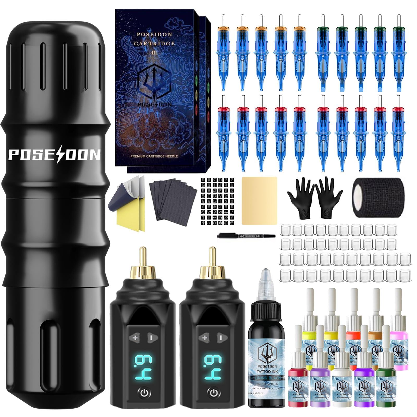 POSEIDON Tattoo Pen Kit Tattoo Gun Kit with 2Pcs Tattoo Batteries Tattoo Machine Kit with 11 Tattoo Inks 20pcs Tattoo Cartridge Needles for Beginers and Artists