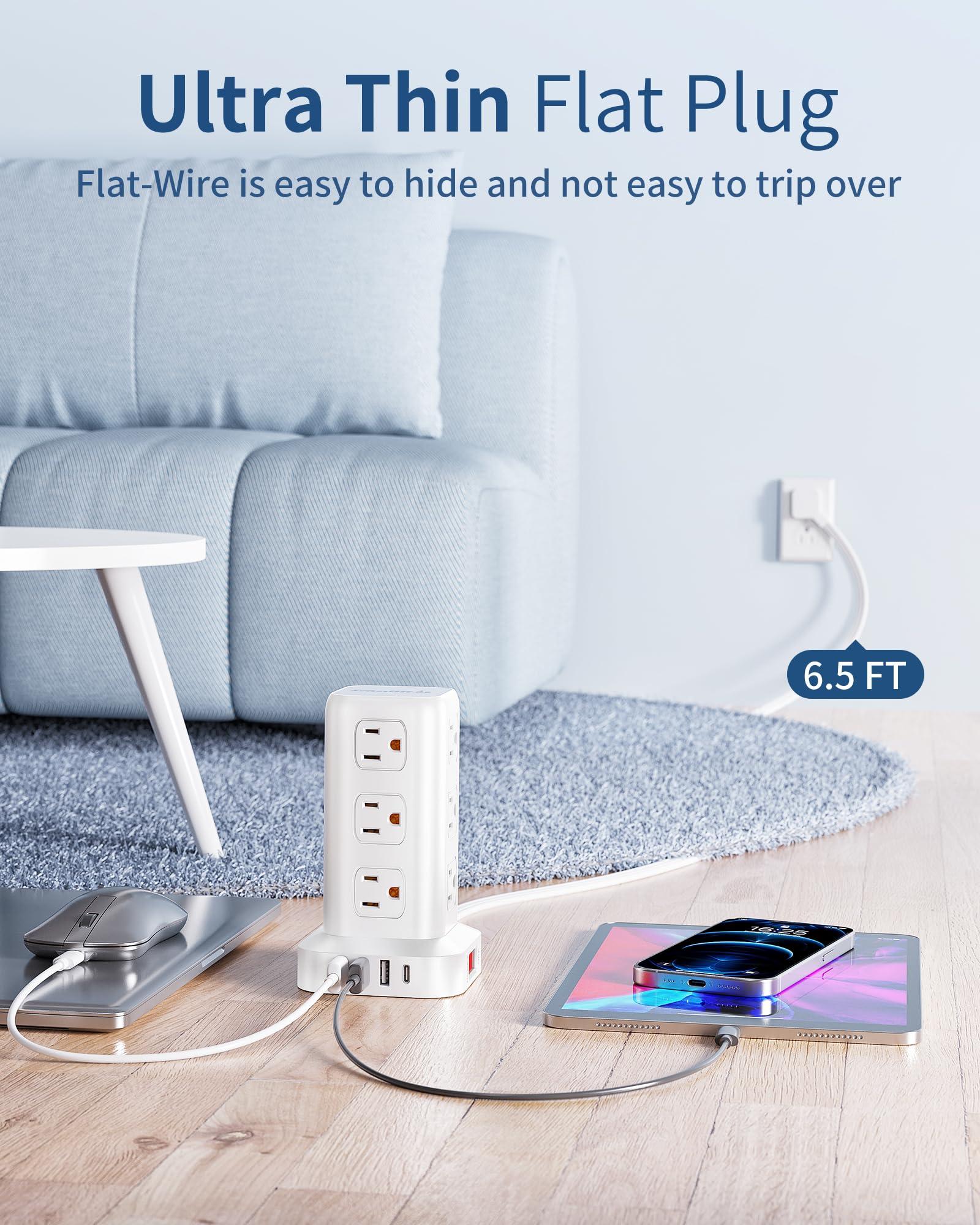 Power Strip Tower, 6.5 Ft Flat Plug Extension Cord, 16 IN 1 Power Bars with Surge Protector, Power Tower Bar with 12 AC Multiple Outlets 4 USB (1 USB C),for Home Office Desk - Image 5