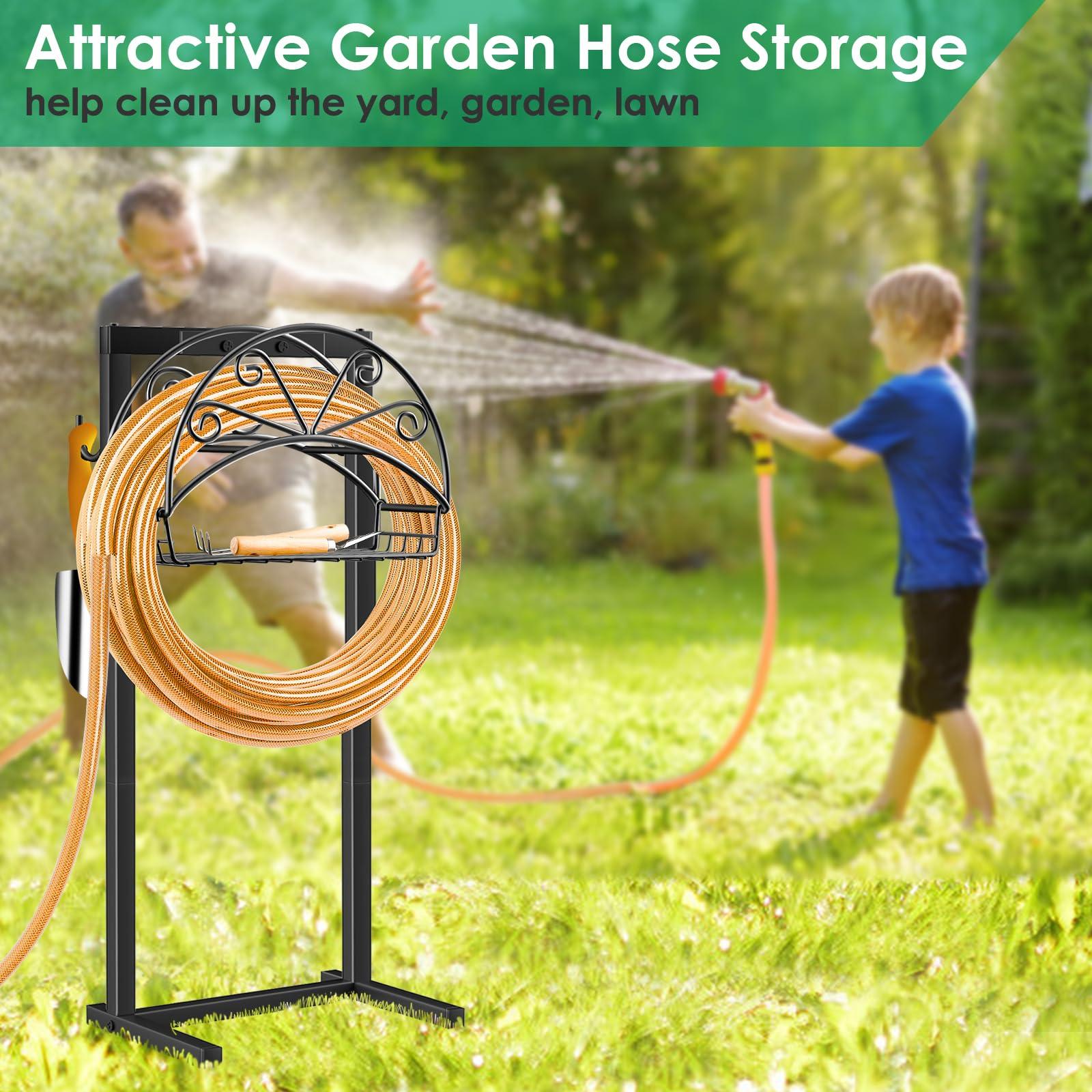 TomCare Garden Hose Holder Upgraded Water Hose Holder with Storage Basket 2 Tool Hooks Heavy Duty 4 Spikes Hose Hanger Holds 160ft Hoses Freestanding Hoses Storage Organizer for Outside Yard - Image 6