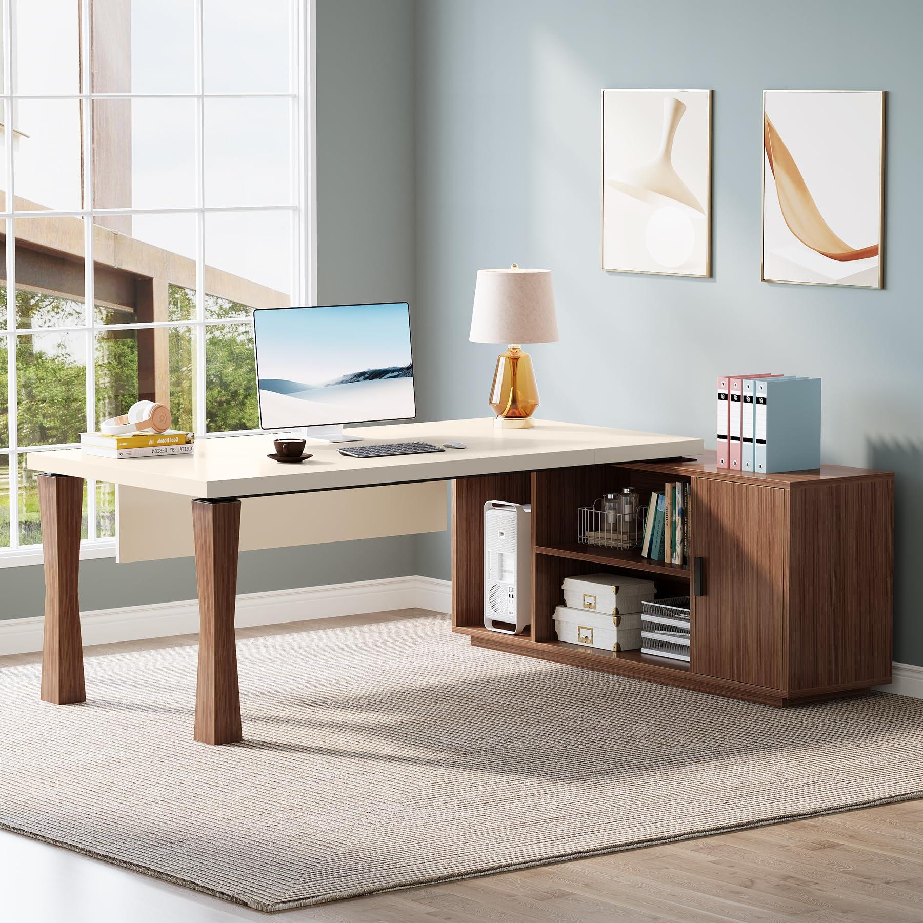 Tribesigns 78.7-Inch Executive Desk, L-Shaped Desk with Cabinet, Large Office Desk with Storage Shelves, Writing Table Business Furniture Set for Home Office, Cream White Walnut - Image 4
